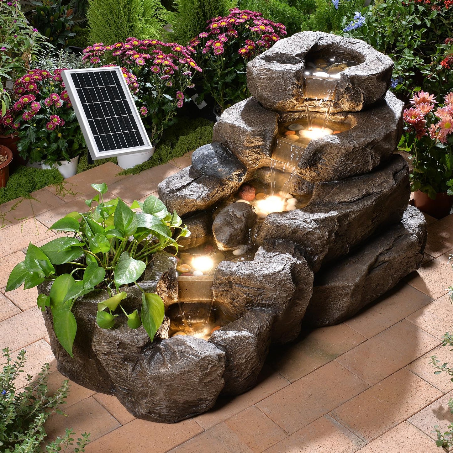 Pivotify 38.2" L Solar Water Fountain Outdoor,5-Tier Rock Waterfall Fountains Solar Powered Floor Standing Outdoor Water Feature with LED Lights for Patio, Garden,Porch, Yard, Home Art Decor(Brown)