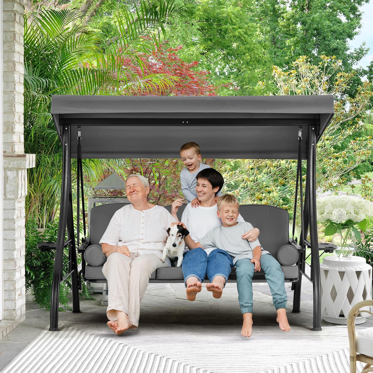 HOMREST 3 Person Outdoor Porch Swing with 1.5" Upgraded Cup Holder, Adjustable Canopy, Backrest, Patio Swing Bed with Weather Resistant Steel Frame, Cushions for Garden,Deck and Poolside(Gray)