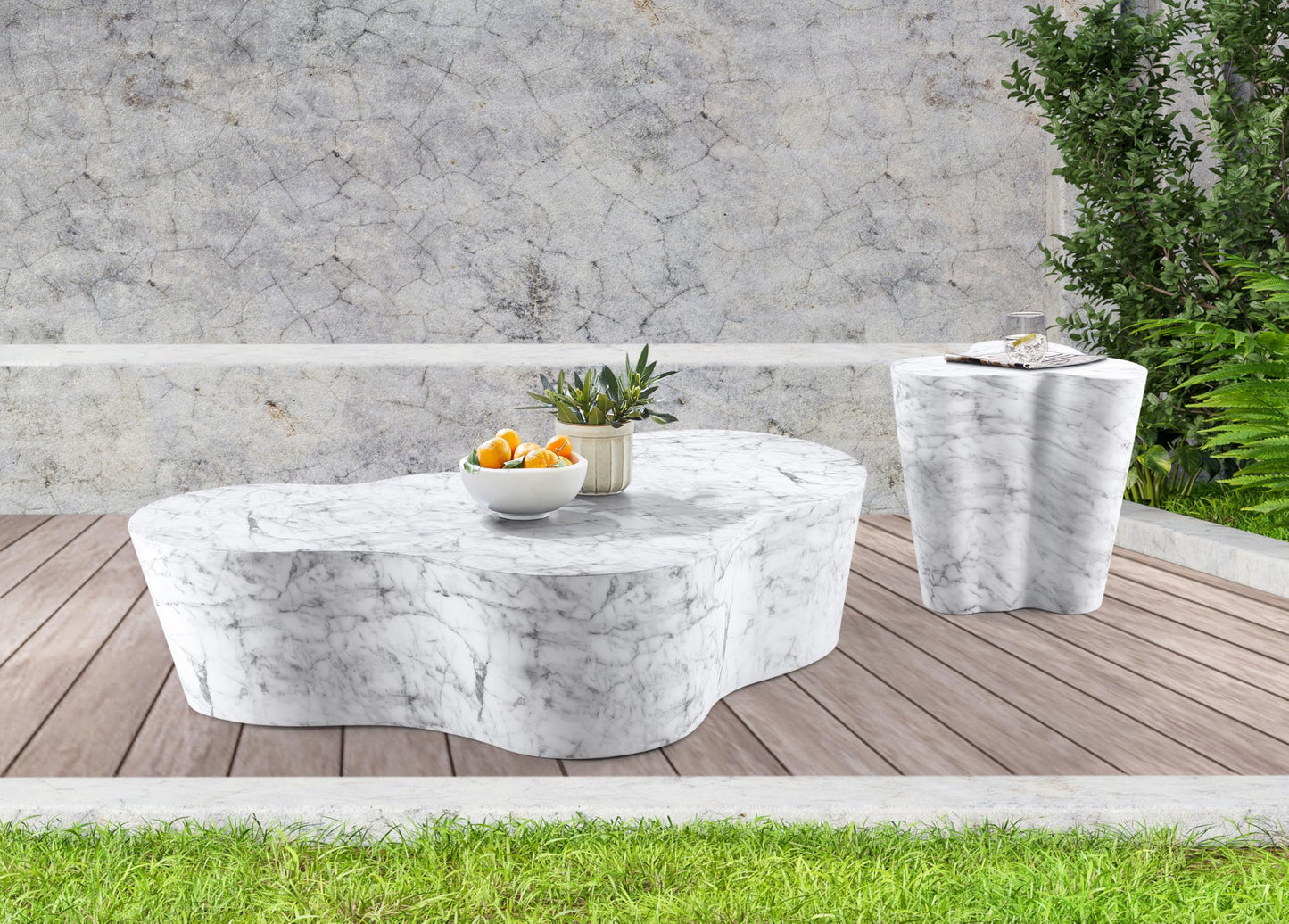 Meridian Furniture 99033White-ET Monza Collection Art Deco Marble Finish Indoor/Outdoor Concrete End Table, 21" W x 18.5" D x 22" H, White