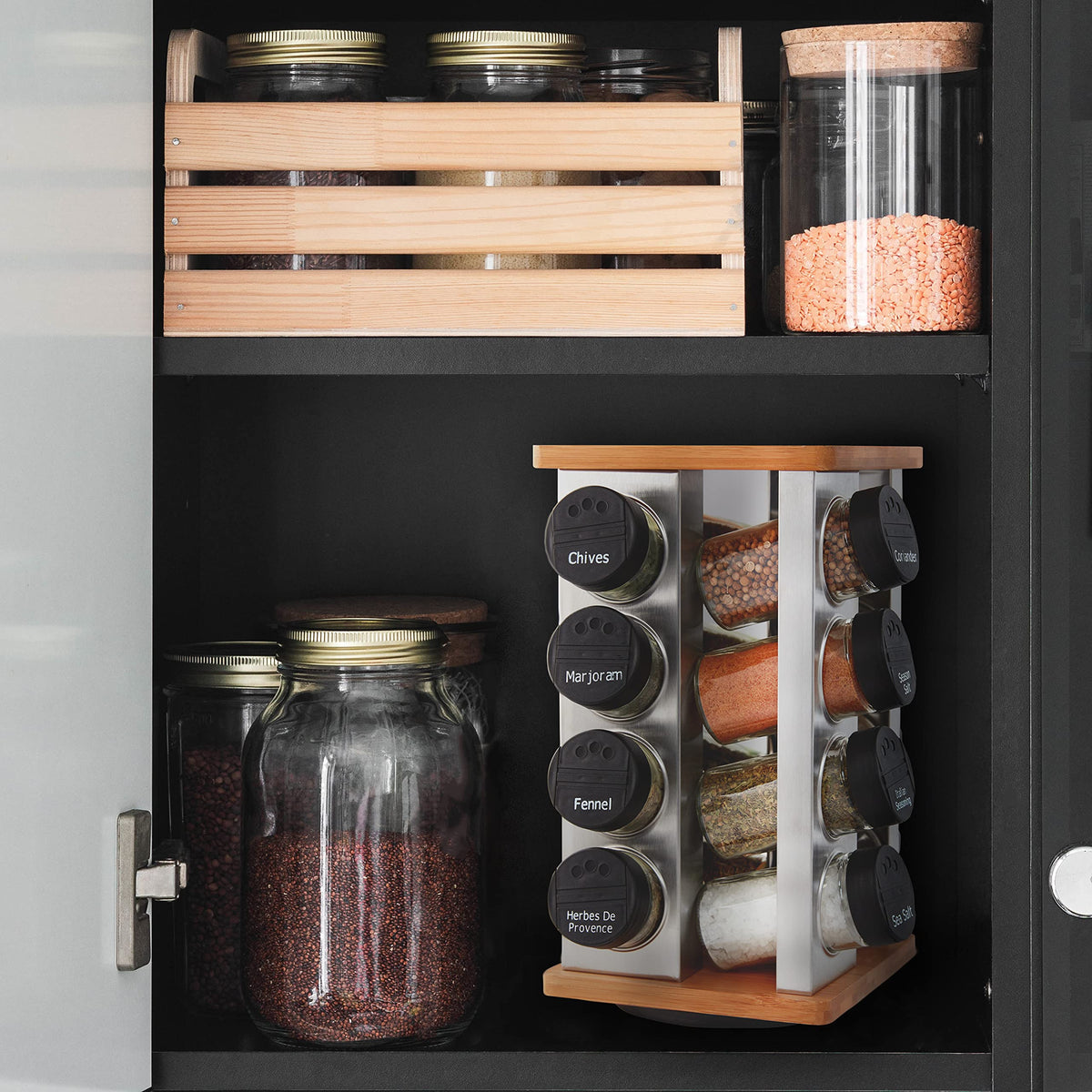 Kamenstein 16 Jar Warner Revolving Countertop Spice Rack Organizer with Lift & Pour Caps and Spices Included, FREE Spice Refills for 5 years, Stainless Steel & Bamboo with Black Caps