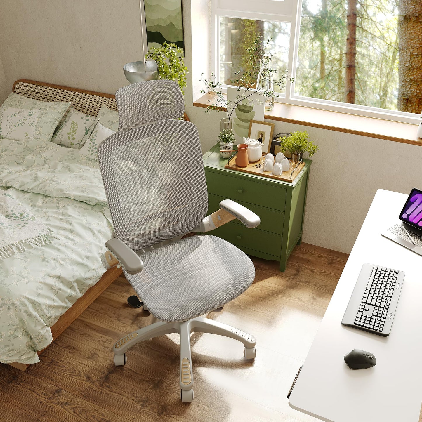 GABRYLLY Ergonomic Office Chair, High Back Home Desk Chair with Flip-Up Arms, Headrest, 90-120° Tilt and Wide Cushion, 300LBS White Mesh Chair for Work Gaming Study (GY01-NT, Woodgrain Pattern)