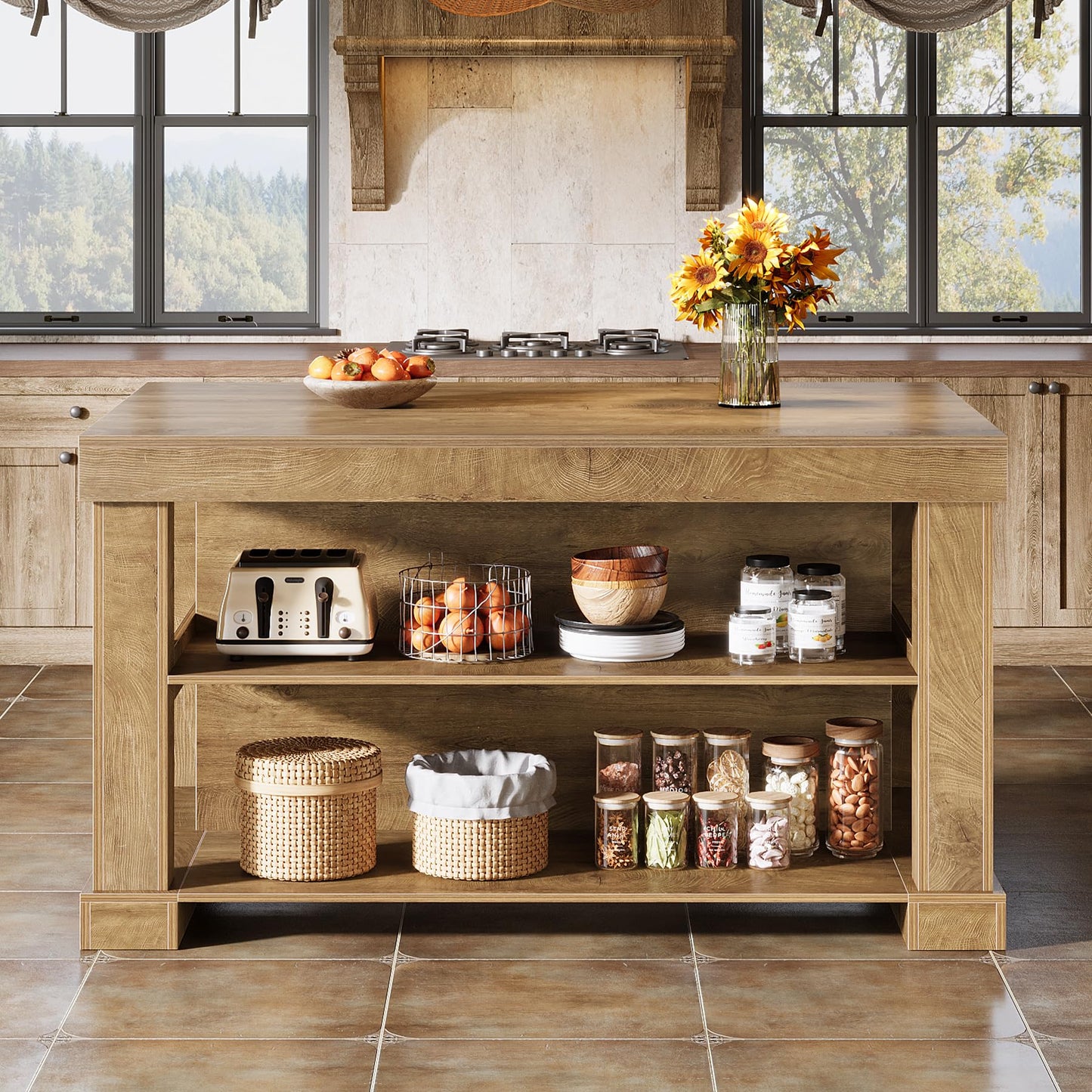 Tribesigns 55" Kitchen Island with Seating and Storage, 3-Tier Farmhouse Wood Stationary Island Table with Large Worktop & Leg Room, Coffee Bar Table with Storage Shelves for Kitchen, Natural Brown
