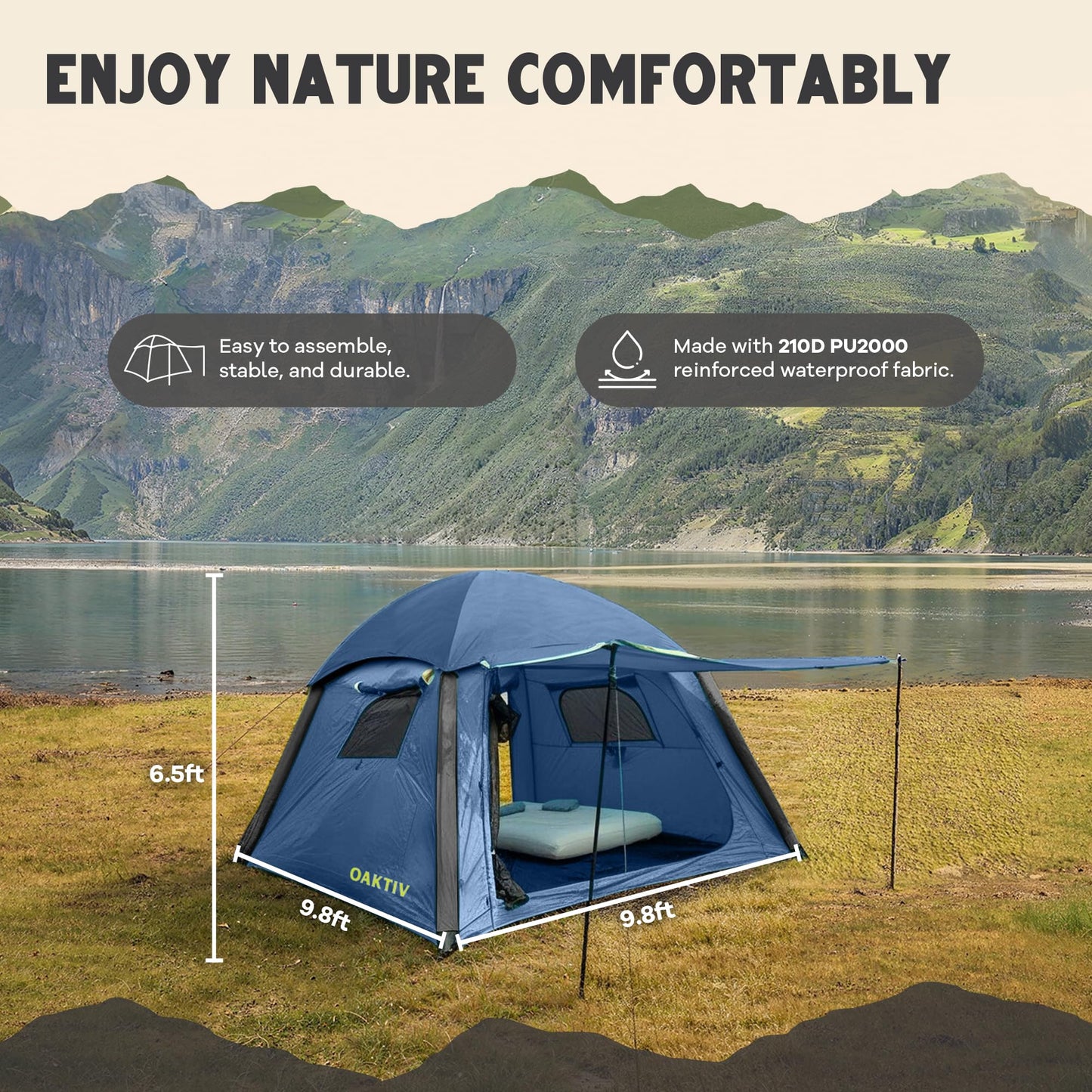 Oaktiv Inflatable Tents for Camping - CloudCamp Glamping Tent for 6 People Waterproof Oxford Fabric(210D), Quick Setup Air Tent with Manual & Battery Pump, UV Protection, 4-Season Inflatable Tent
