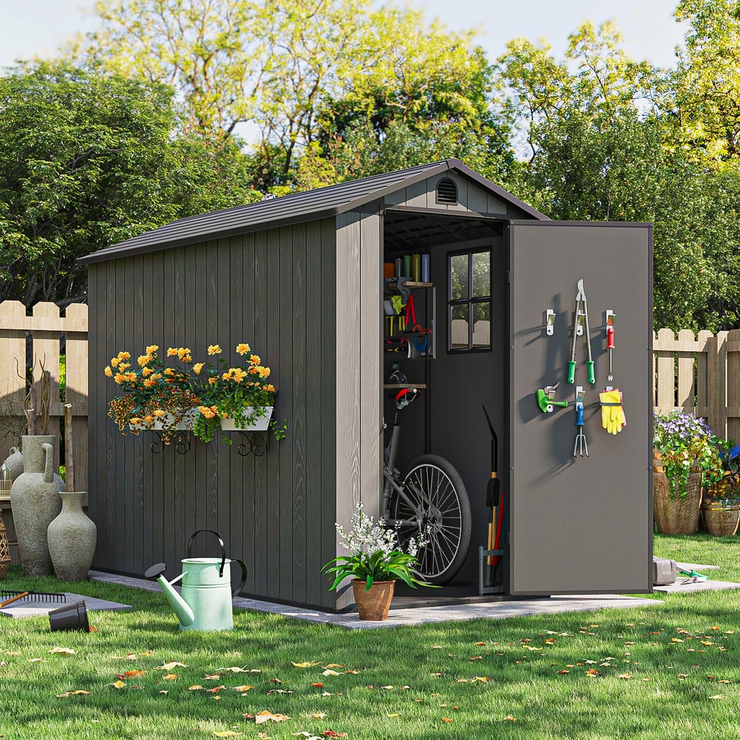 Patiowell 4x8 FT Plastic Outdoor Storage Shed with Floor, Garden Tool Shed with Two Windows and Single Lockable Door for Garden, Backyard, Lawn, Easy to Install, Dark Grey
