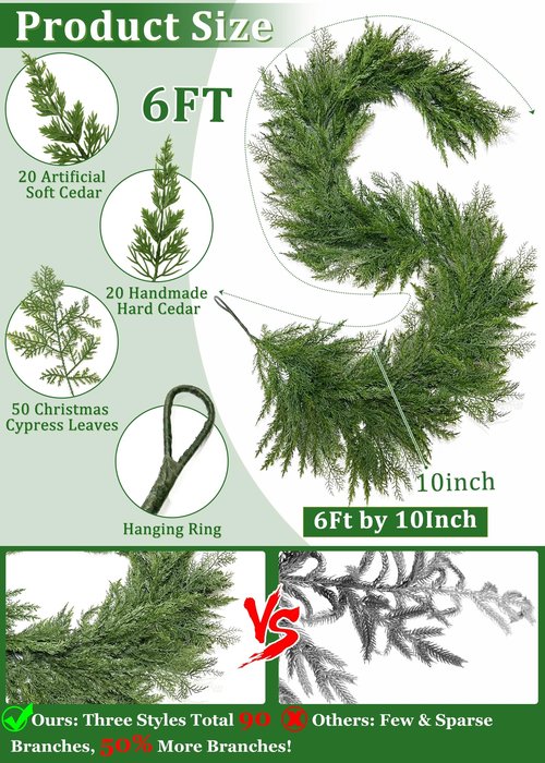 Christmas Cedar Garland, 6 Ft by 10 Inch Real Touch Soft and Thick Green Faux Pine Garland Artificial 40 Cedar 50 Cypress for Home Decor Fireplace Wall Indoor Outdoor Holiday Party Decorations
