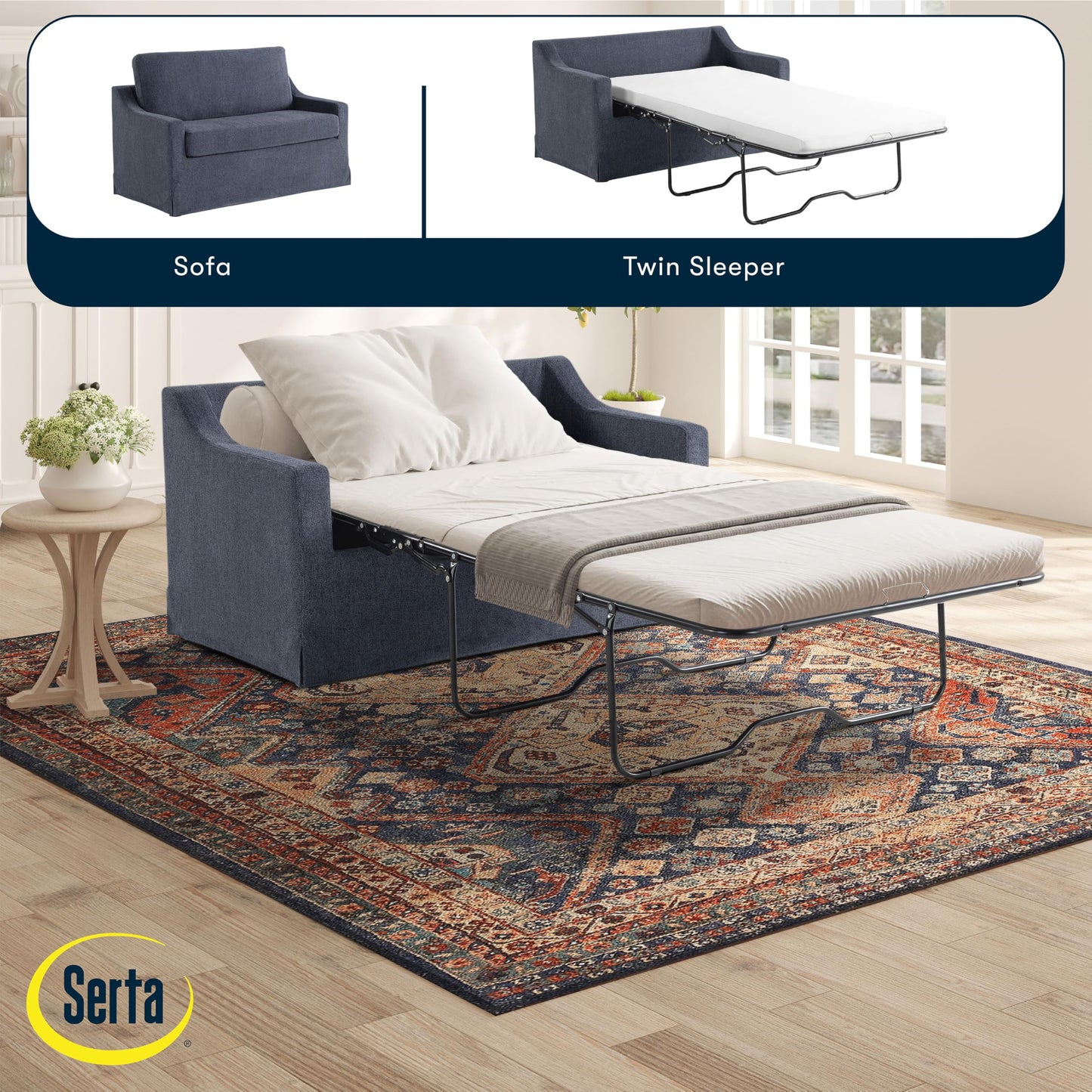 Serta® Harper 53.3” Twin Pullout Sofa Bed, Easy Assembly, USB Power Ports, Soft Modern, Sloped, Woven Fabric