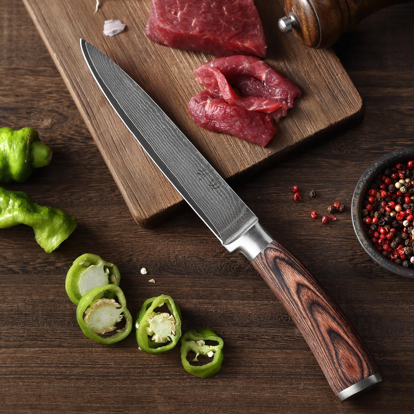 Wakoli EDIB 5-Piece Damascus Knife Set, Professional Kitchen Knives made of 67-Layer Damascus Steel with VG10 Core Blades, Ergonomic Pakkawood Handles, In Wooden Gift Box