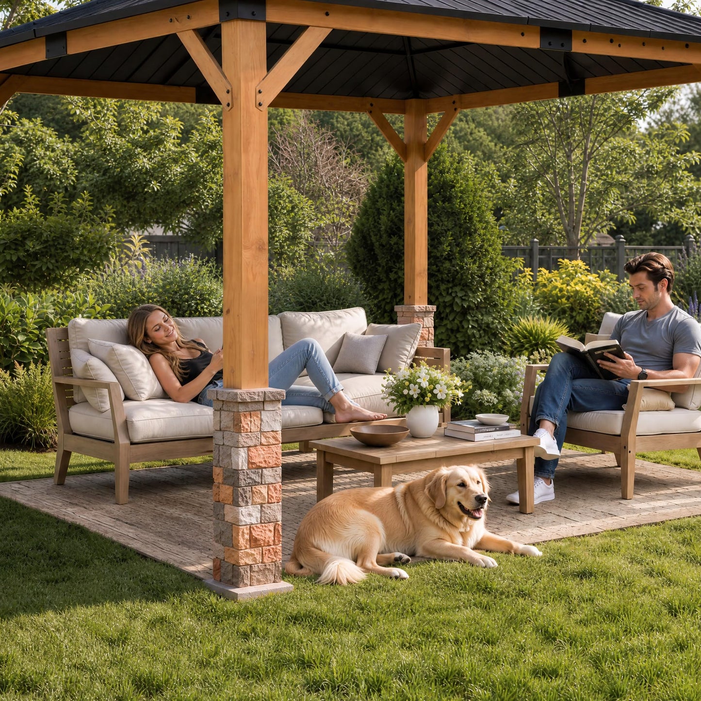 10' x 12' Wood Gazebo, Permanent Pavilion with Hardtop Galvanized Steel Double Roof, Cedar Gazebo with 4.72" Thickened Wooden Posts for Poolside, Patio, Backyard, Garden and Deck