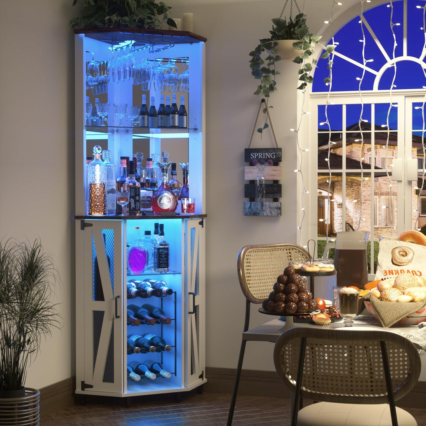Oransail 68.9“ Tall Corner Bar Cabinet, Wine Bar with LED Light and Mirror, Farmhouse Liquor Cabinet with Adjustable Shelf & Glass Rack, for Dining Room, Living Room