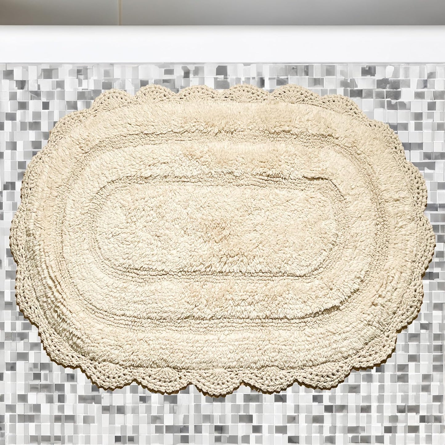 Chardin Home Ivory Crochet Bathrug, 100% Cotton Oval Bathmat with Handcrafted Crochet Border, 21x34 Inch