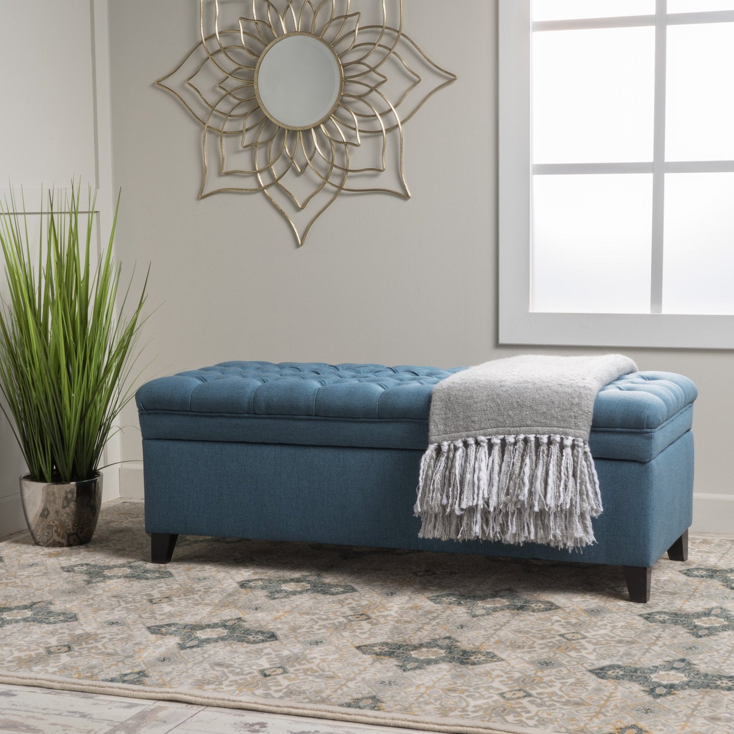 Ball & Cast 50" Upholstered Ottoman with Storage,Button Tufted End of Bed Bench with Safety Hinges and Wood Legs,Entryway Bench Extra Seating for Livingroom, Bedroom, Blue