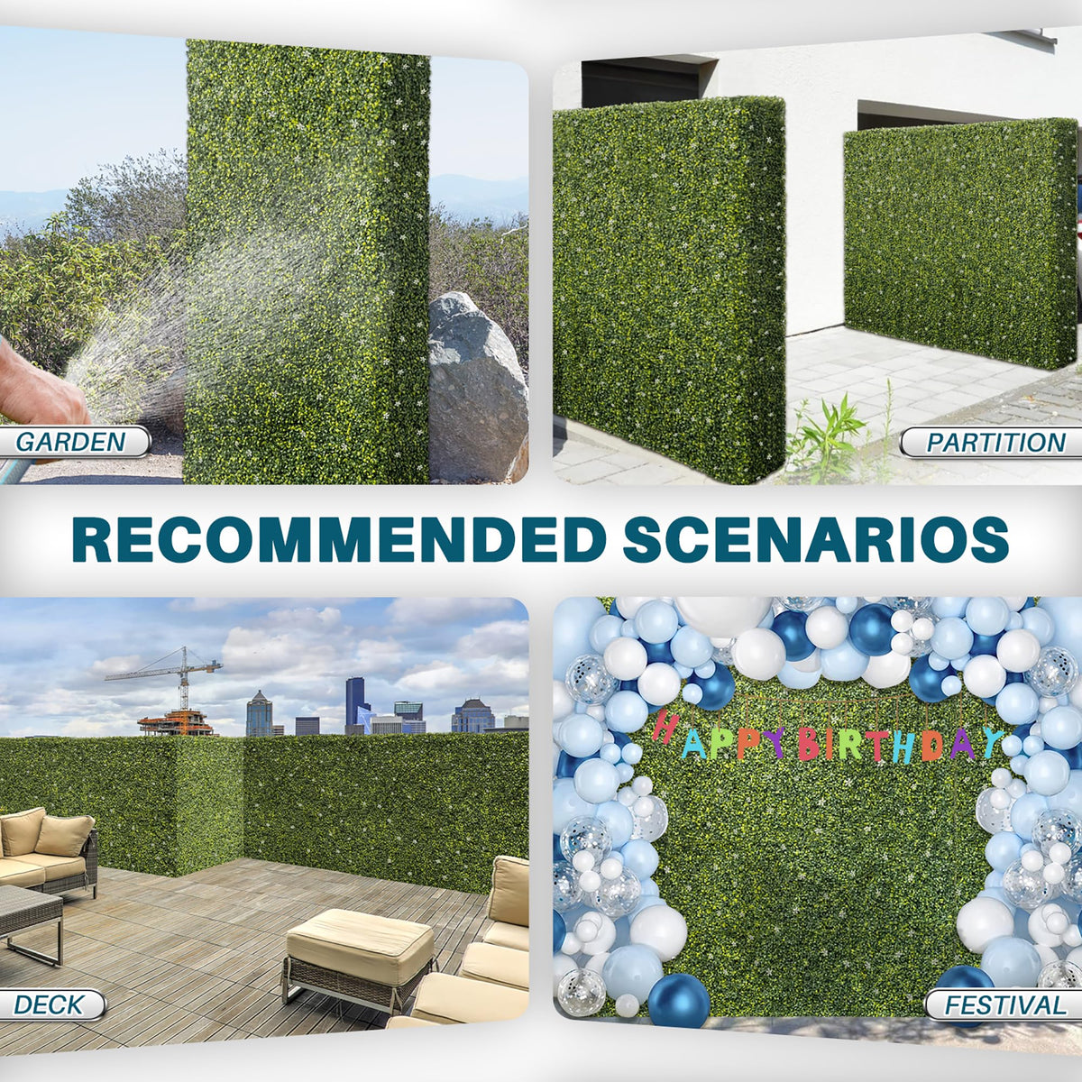COARBOR 72" x 72" x 6" Artificial Boxwood Hedge Wall Milan with White Flowers Interior Divider Privacy Fence Faux Greenery Backdrop for Home Decor, Party Decor, Backyard Balcony Deck