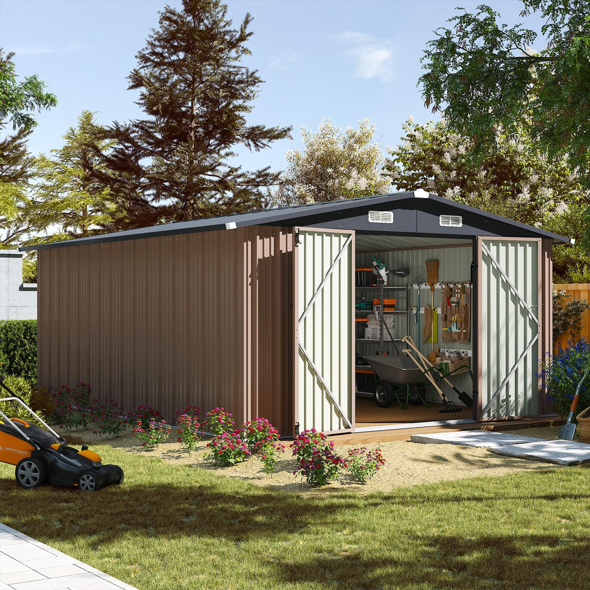 Aoxun 10 x 12FT Outdoor Storage Shed with Double Hinged Large Door Utility Garden Shed with Lockable Door & Sloped Roof Metal Sheds Outdoor Storage for Garden, Backyard, Patio and Backyard, Brown