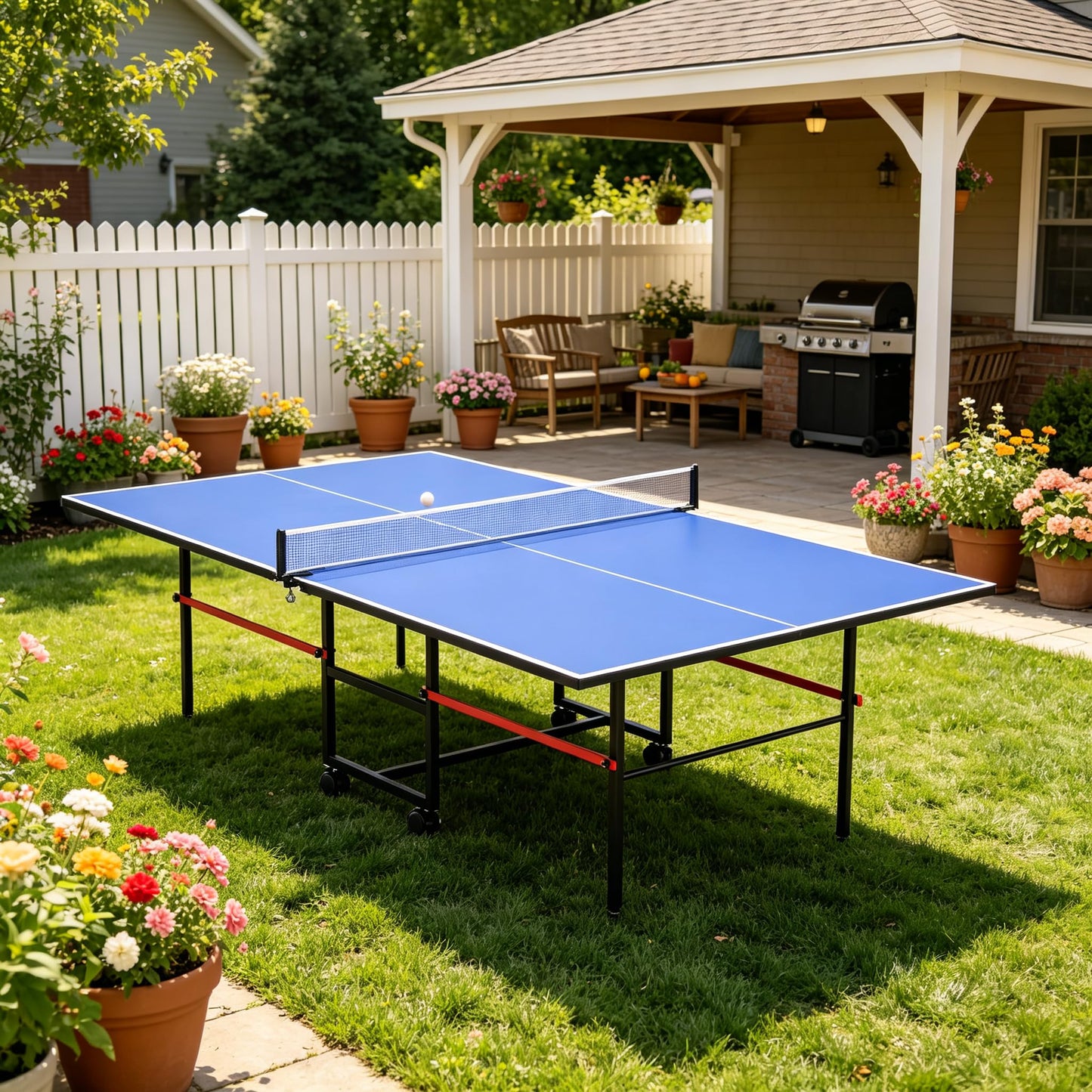 8FT Table Tennis Table with Net, Indoor/Outdoor Professional Ping Pong Table for Kids Adults, Folding Ping Pong Table, Complete Set with Paddles and Balls, School Playground Game Table (Blue)