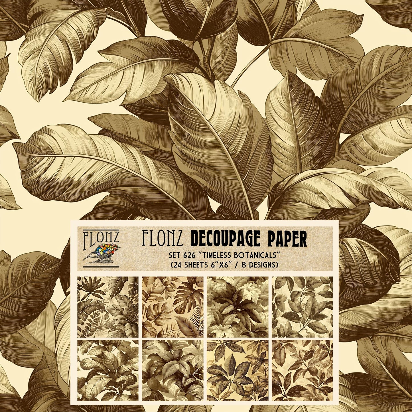 Decoupage Paper Pack (24 Sheets 6"x6") Timeless Botanicals: Elegant Banana Leaves and Tropical Greenery in Vintage Sepia Tones for Classic Craft Creations # FLONZ Vintage Craft