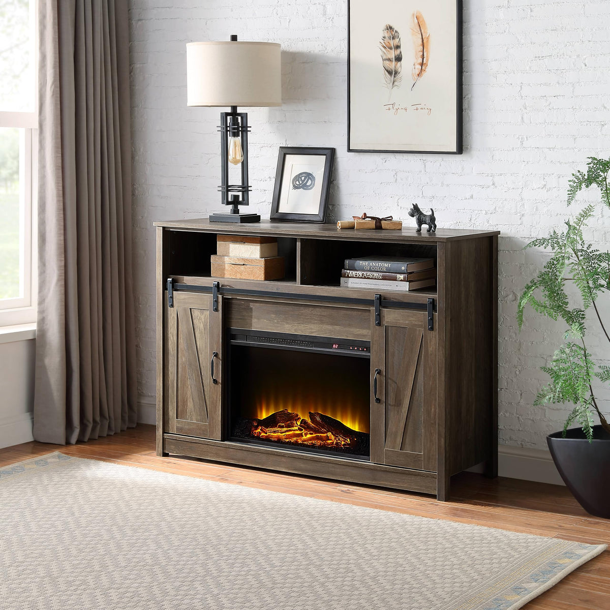 ACME Tobias Electric Fireplace Rustic Farmhouse TV Stand with Sliding Barn Door for TVs up to 55", Rustic Oak Finish