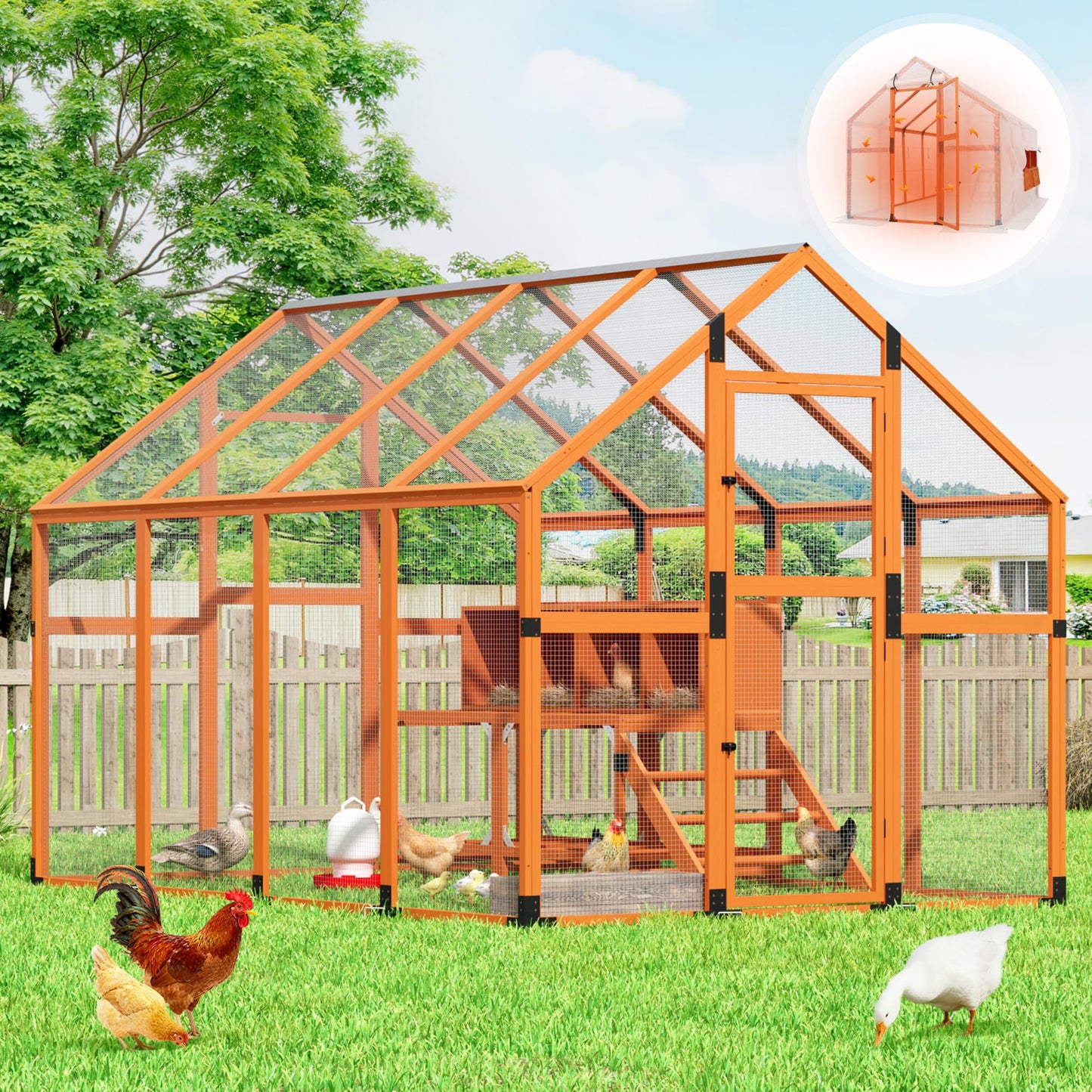 COZIWOW Chicken Coop with Full Waterproof Cover, 9' Extra Large Wooden Chicken House for 10-15 Chickens, 4 Nesting Boxes & Roosting Bars, Outdoor Walk-in Poultry Run, Orange