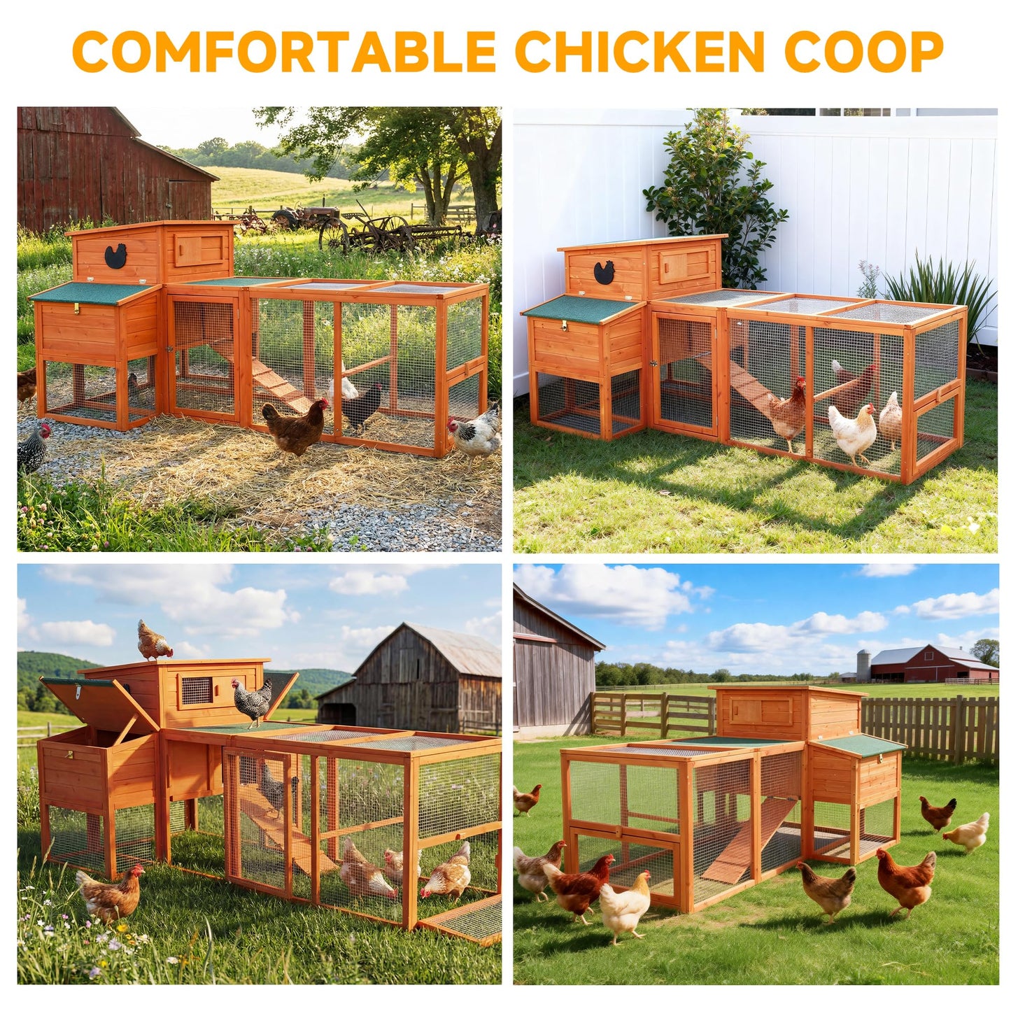 WHEGETED XLarge Chicken Coop with Nexting Box and Run Premium Poultry Cage with Waterproof Roof and Tray Spacious Wooden Chicken House Size for Backyard Small Animals 3-4 Chickens and Duck Orange 83"