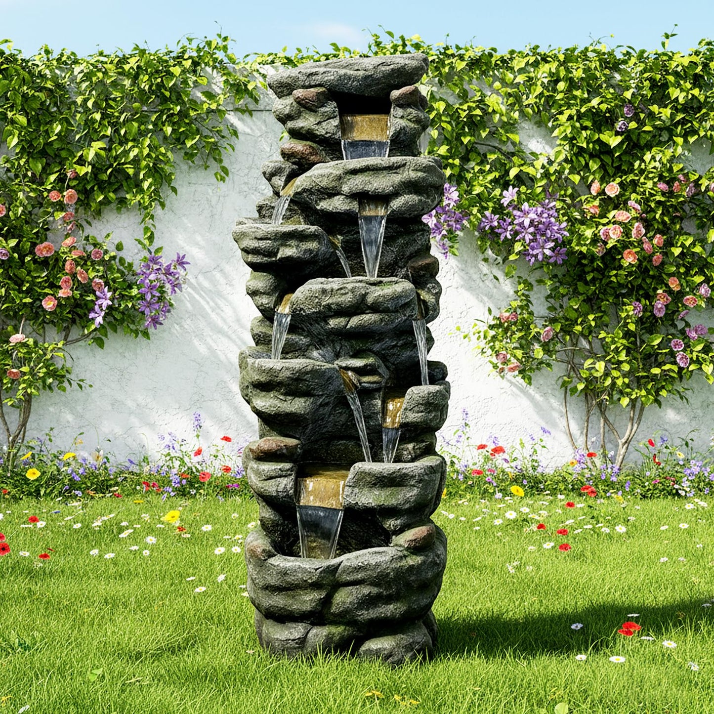 Naturefalls 51" Extra Large Outdoor Water Fountain - Waterfall Fountain with 7 LED Lights, 7-Tiers Cascading, Poly-Resin Indoor and Outdoor Fountain for Garden, Patio, Backyard, Lawn, Yard Decor
