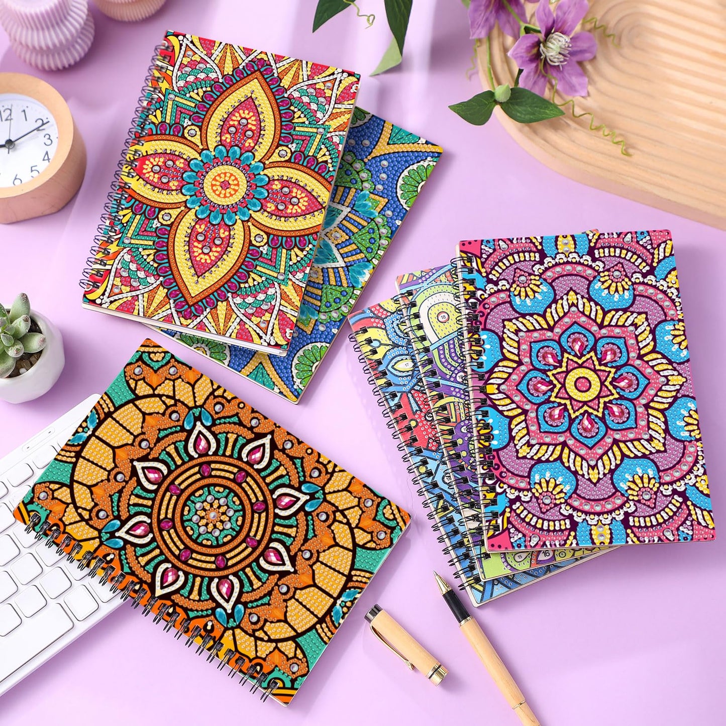 Fullhawl 6 Pack 5D DIY Diamond Art Notebook Kits for Adults Beginner A5 Leather Diamond Painting Gift for Women Art Cover Notepad Sketchbook Journal Crafts Accessories with Tool(Mandala)