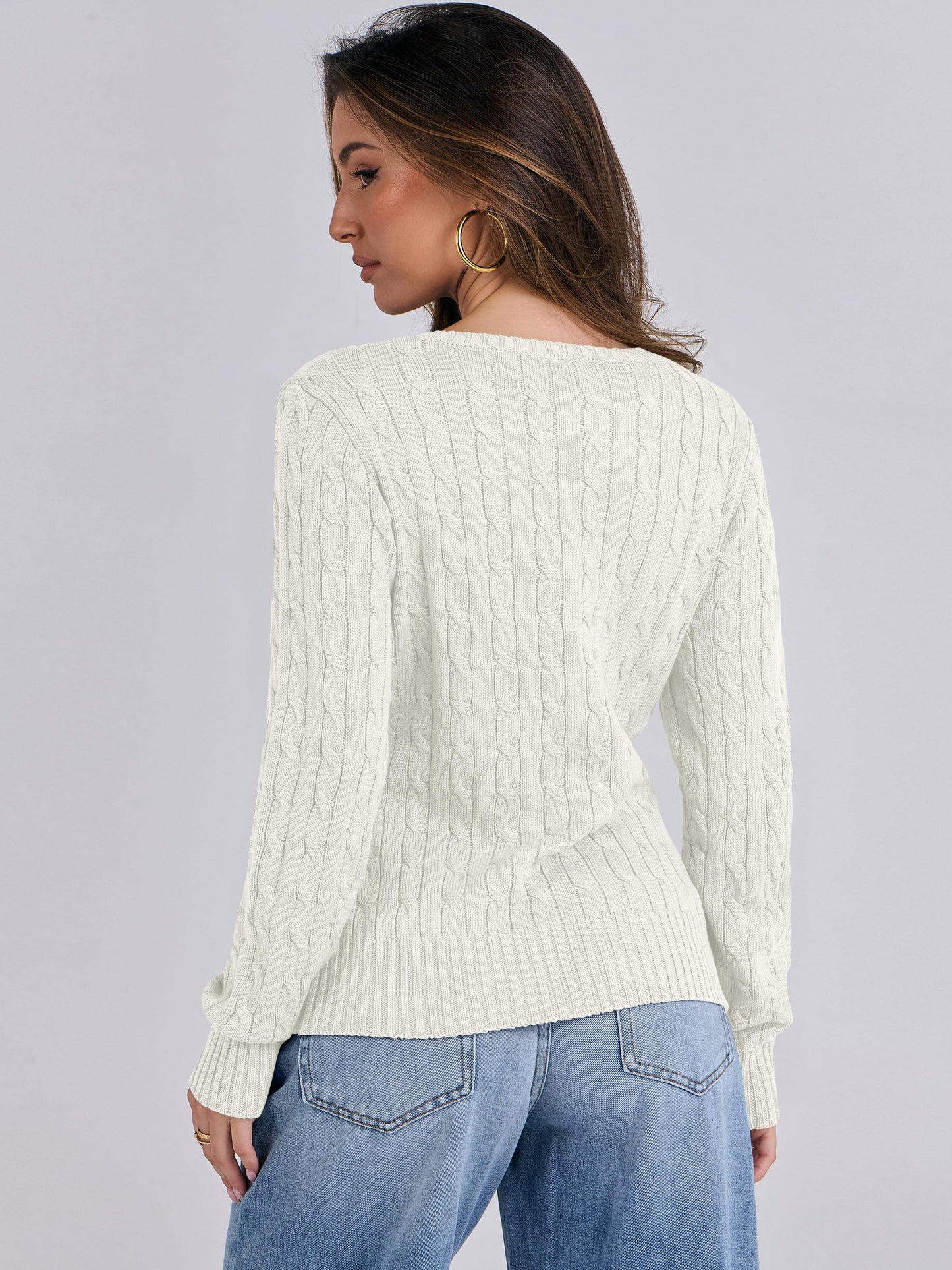 ANRABESS Womens Long Sleeve Cable Knit Sweater 2025 Fall Fashion V Neck Fitted Pullover Top Business Casual Work Fall Outfits