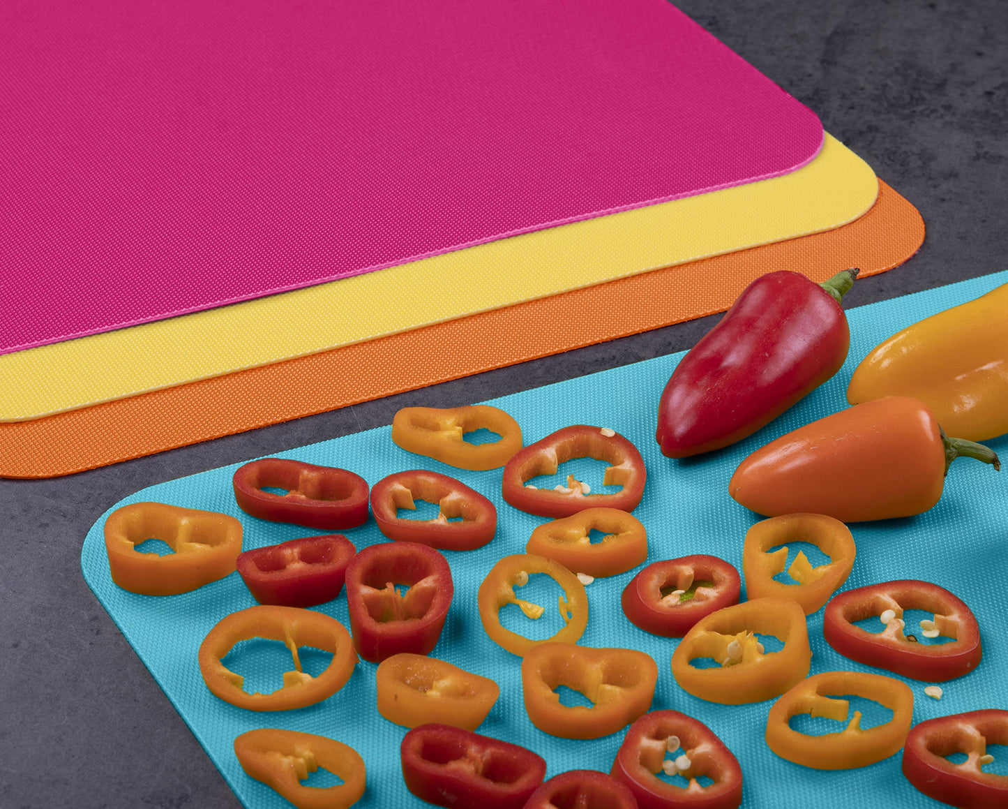Dexas Heavy Duty Cutting Board Grippmat, Flexible Cutting Boards for Kitchen, Set of 4, Non Slip Plastic Board Cutting Mat 11.5 by 14 inches, Bright Blue, Yellow, Orange and Pink Set Kitchen Gadgets