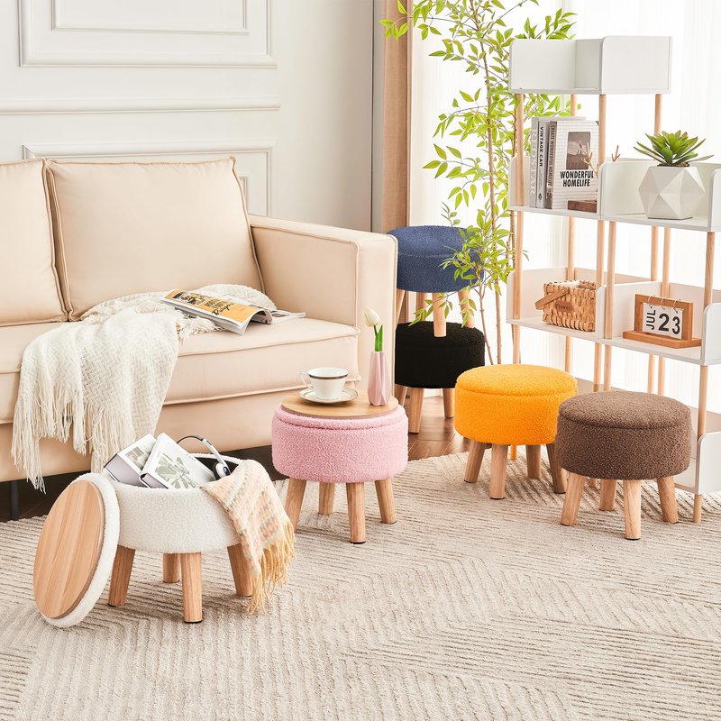 Poofzy Small Ottoman with Storage, Small Foot Stool Ottoman with Wood Legs, Sherpa Foot Rest for Couch, Living Room and Bedroom - White