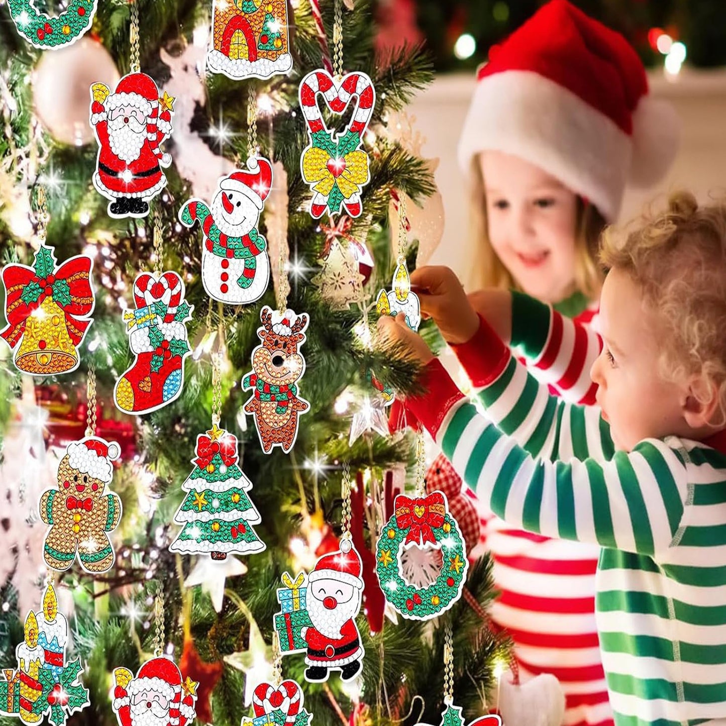 TSJ 12 PCS Christmas Diamond Painting Keychains DIY Diamond Art Ornaments Christmas Hanging Diamond Painting Kits