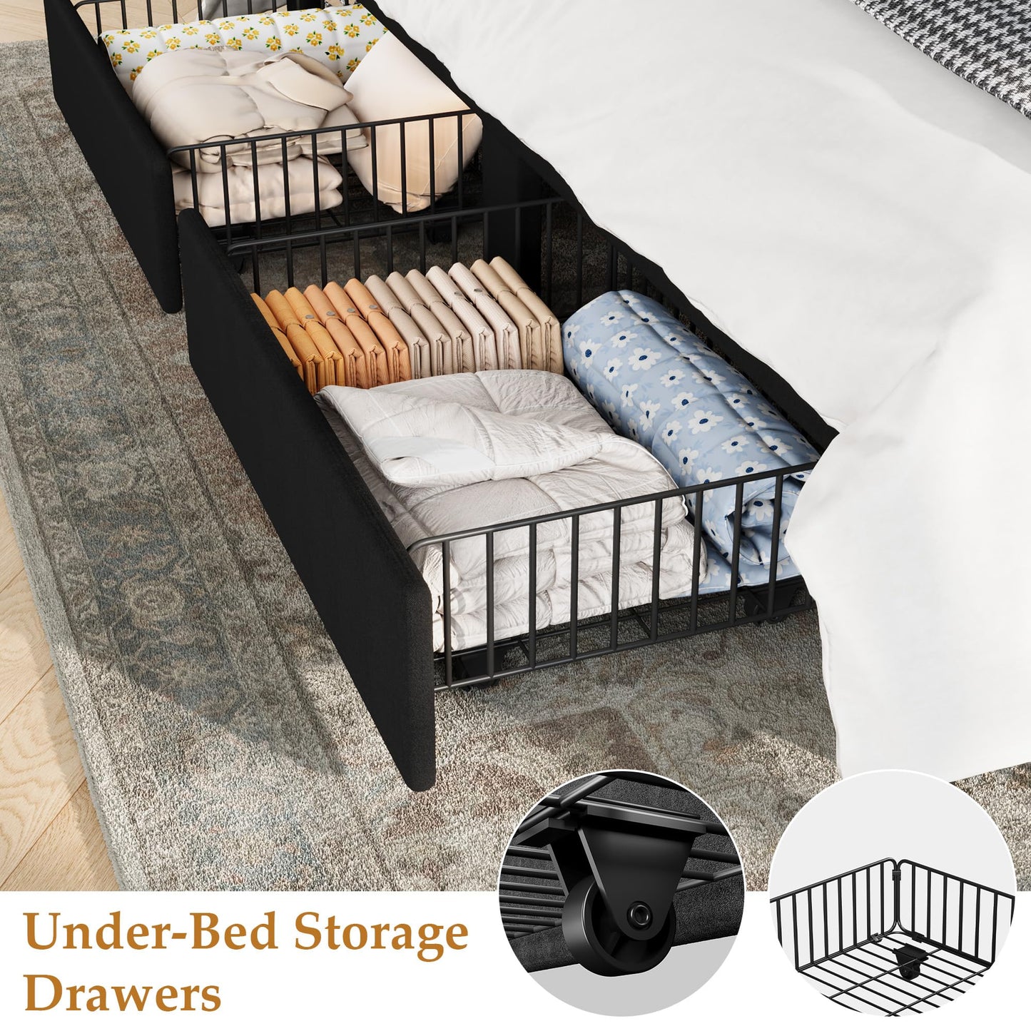 Garvee King Size Bed Frame, Velvet Upholstered Bed Frame with Wingback Headboard, 2 Storage Drawers, No Box Spring Needed, Black