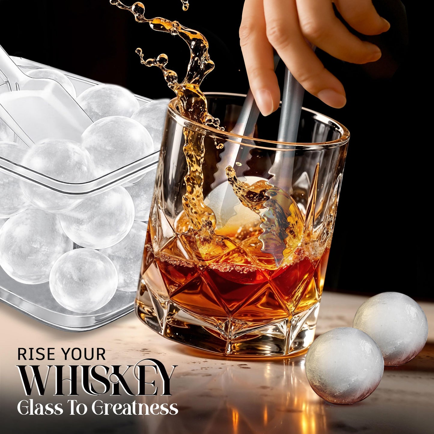 1.8in Large Ice Cube Molds - Big Round Whiskey Ice Trays for Freezer with Bucket, Scoop, Tongs, 2 Straws - Easy to Fill & Release, Bourbon Cocktail (3 pack, 8 Balls)