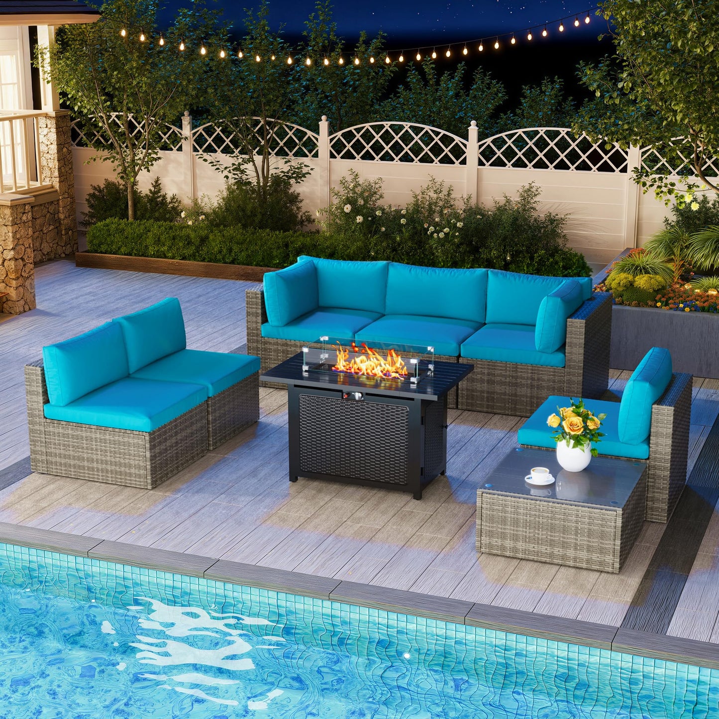 8 Pieces Outdoor Patio Furniture Set with 43" Fire Pit Table, Wicker Outdoor Patio Sectional Sofas with Cushions and Coffee Table, All-Weather Patio Conversation Set for Garden Backyard, Light Blue