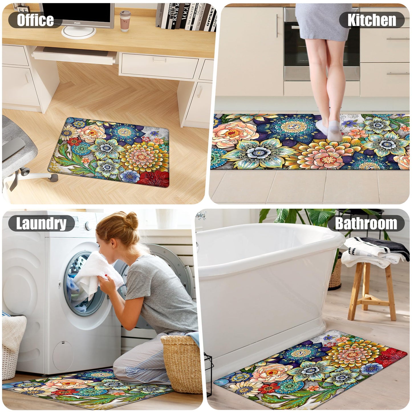 Tubeamin Boho Floral Kitchen Rugs Mats for Floor 2 Piece Memory Foam Padded Kitchen Mats Anti Fatigue Non Slip Cushioned Comfort Standing Mat, 17.3x28+17.3x47 Inch