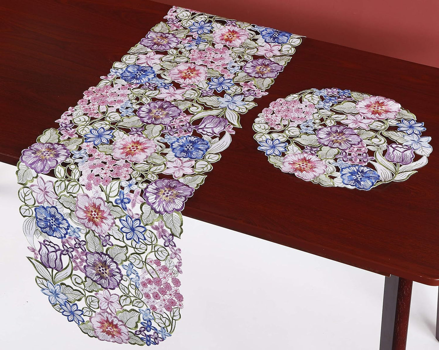 Flowery Table Runner 13"×54", Cutwork Embroidered Floral Dresser Scarf for Home Kitchen Dining