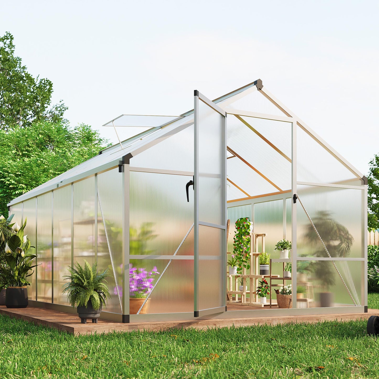 IDEALHOUSE 8×12 FT Greenhouse, Large Walk in Greenhouses for Outdoors and Garden Planting, Polycarbonate Greenhouse with Enhanced Aluminum Frame, Green Houses with Quick Setup Structure and Roof Vent
