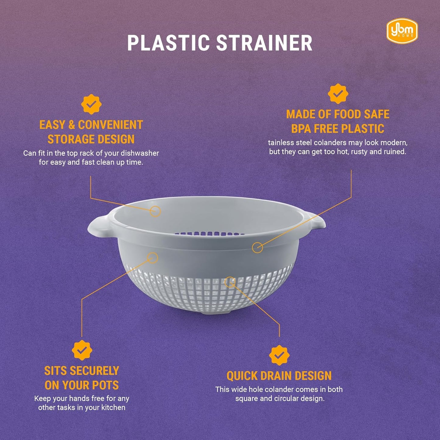 YBM HOME Deep Plastic Strainer Colander with Handle - BPA-Free, Durable, Dishwasher Safe for Pasta, Vegetables