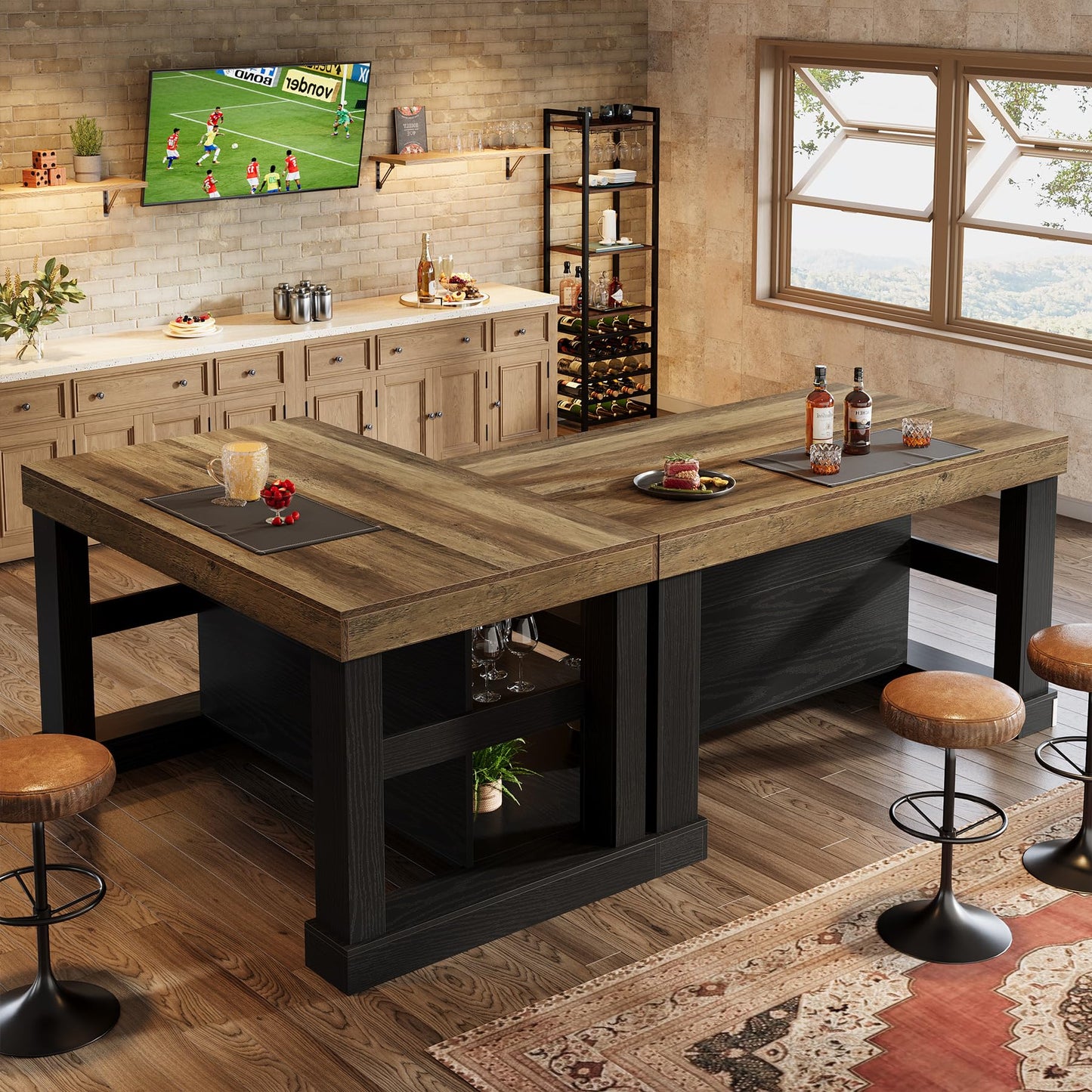 Tribesigns Kitchen Island with 3 Shelves, 55 Inches Width Kitchen Shelf with Large Worktop, Stable Wooden Structure, Farmhouse Style, Easy to Assemble, Black and Brown