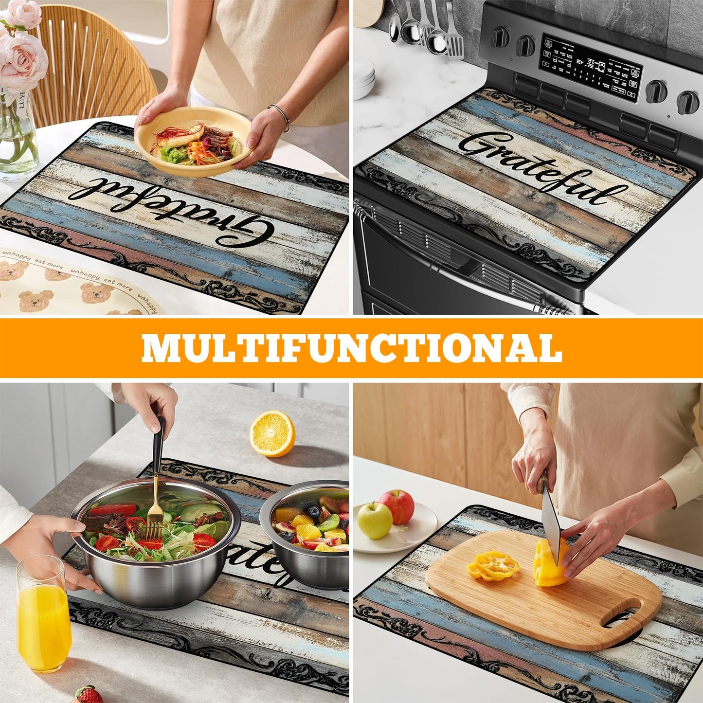 AOHMPT Multi-Design Stove Top Cover for Glass/Electric Stoves - 3-in-1 Heat-Resistant Protector Mat, Non-Slip Drying Rack 28"x20" (Grateful, 28" L x 20" W)