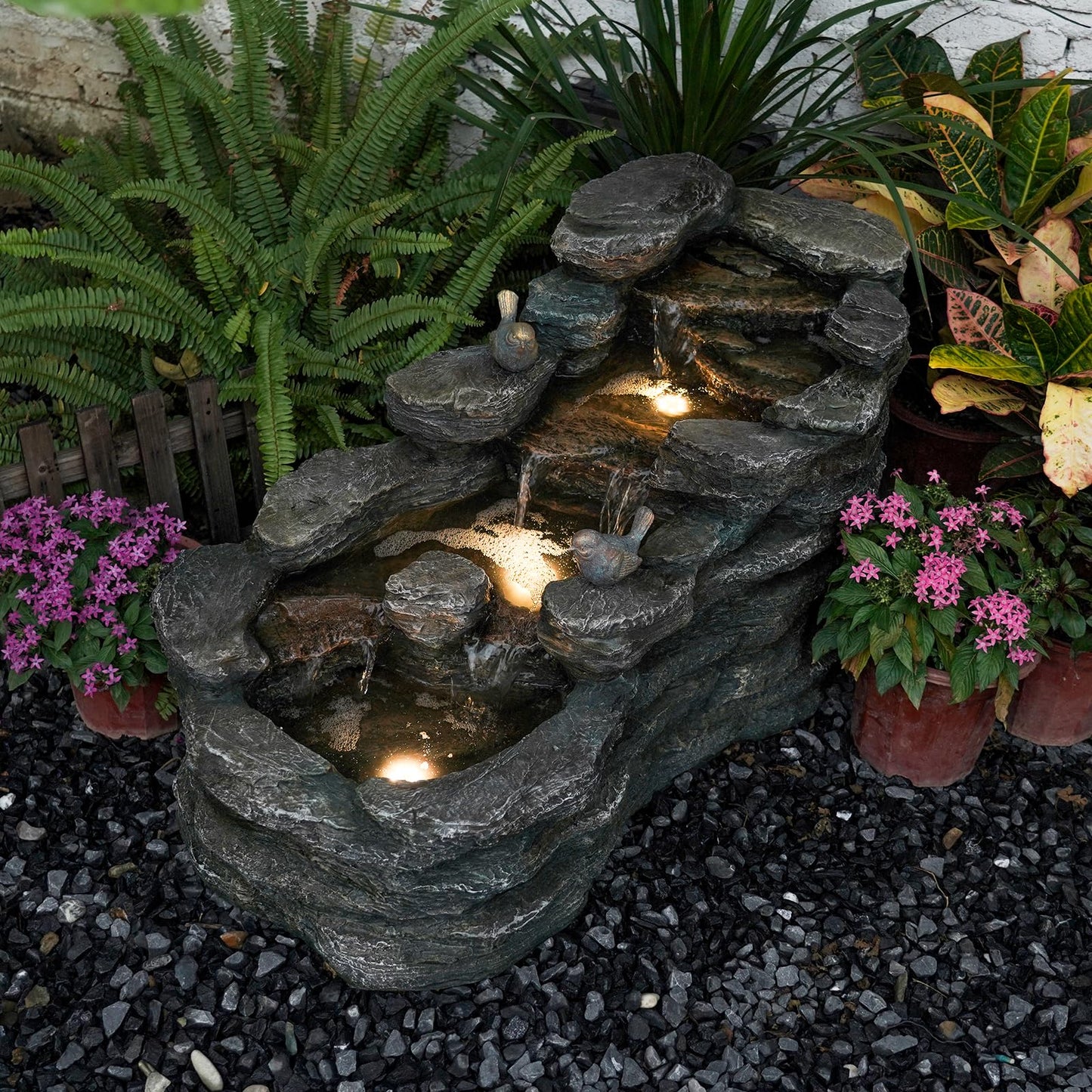 YZM 36.61" L Cascading Outdoor Water Fountain with LED Lights 5-Tier Resin Rock Waterfall Fountain for Garden, Patio, Yard or Indoor Decor