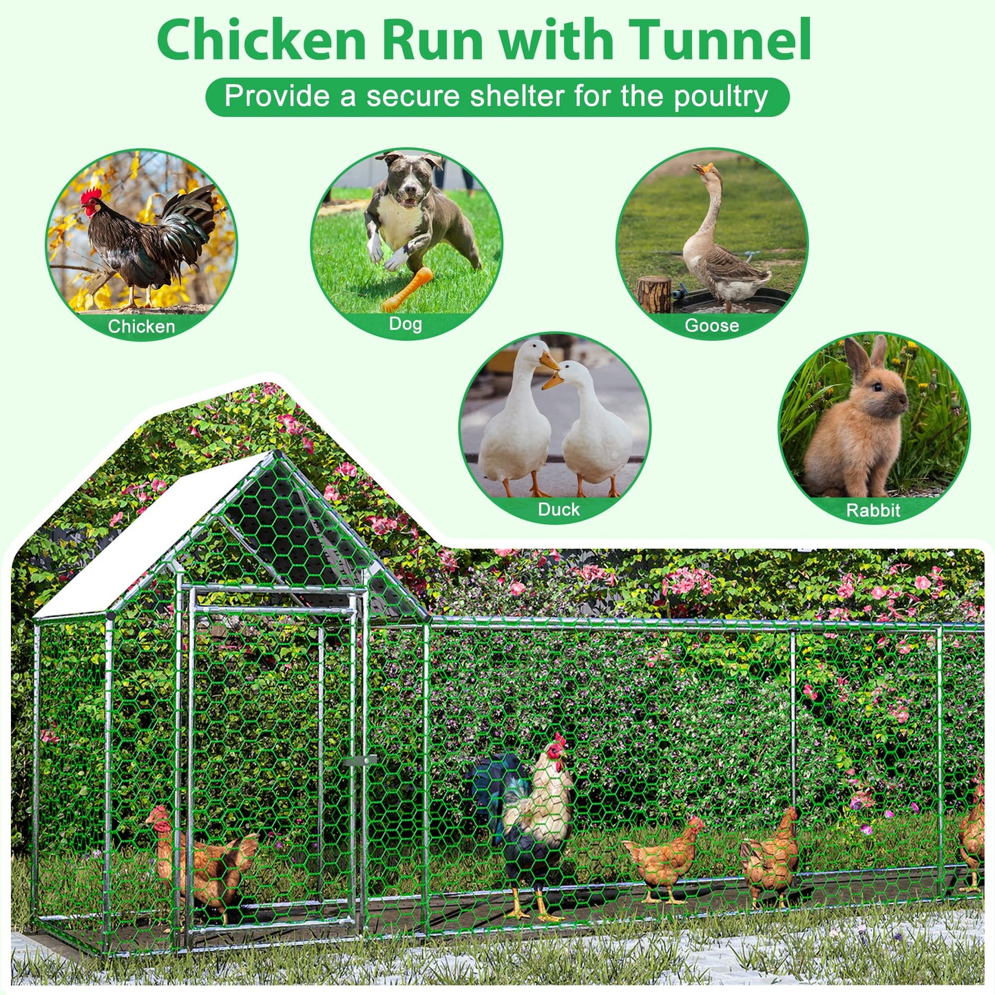 KEIKI Large Metal Chicken Coop, Metal Chicken Run with Waterproof Cover, Farm Poultry Run Hutch Hen House, Outdoor Walk-in Chicken Pen for Poultry Duck Rabbit, 16.33ft x 3.52ft x 4.97ft