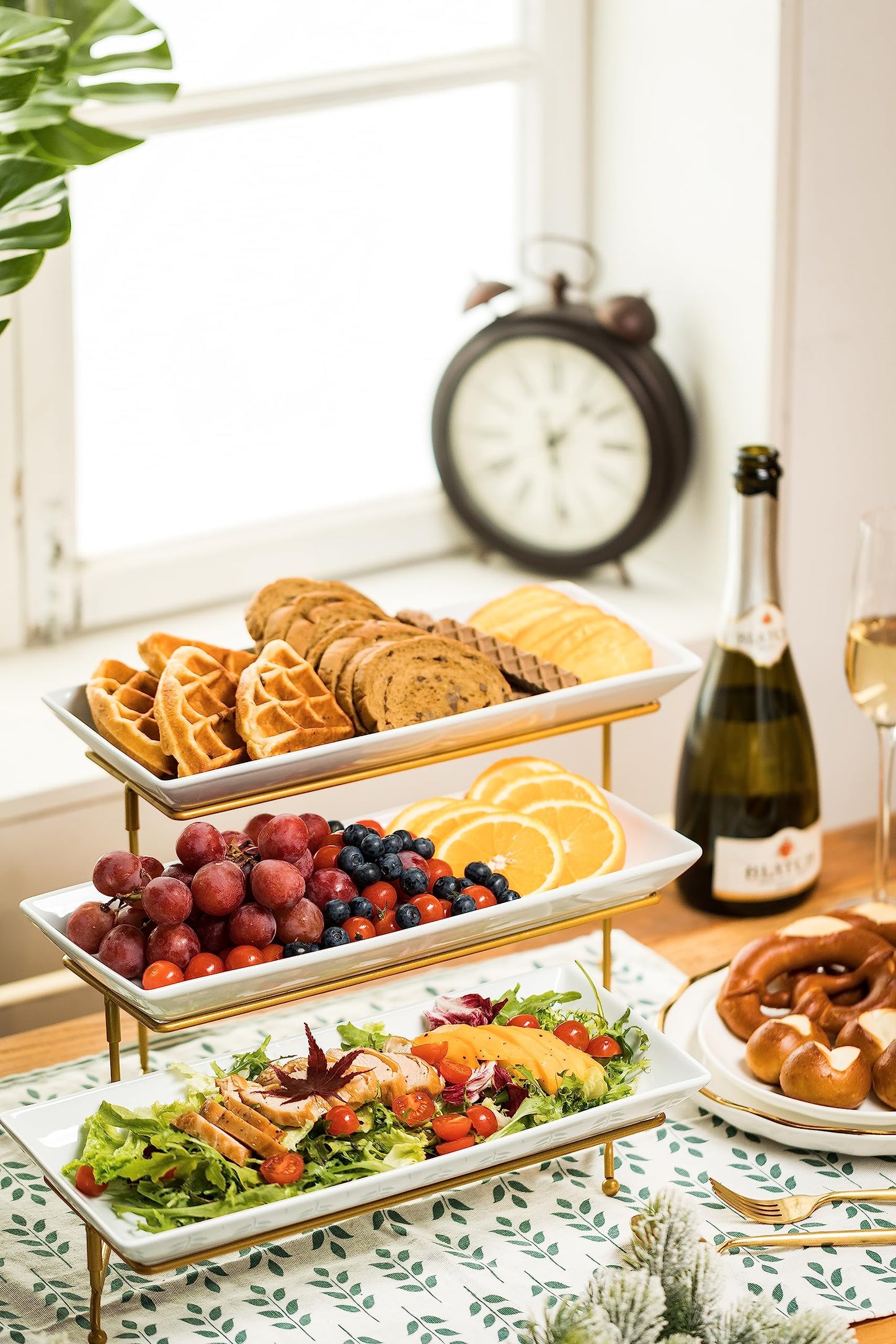 LAUCHUH Large 3 Tier Serving Stand Tiered Serving Trays with Collapsible Sturdier Rack Porcelain Serving Trays and Platters for Fruit Dessert Presentation Mother's Day Party Display Set, 14 Inch