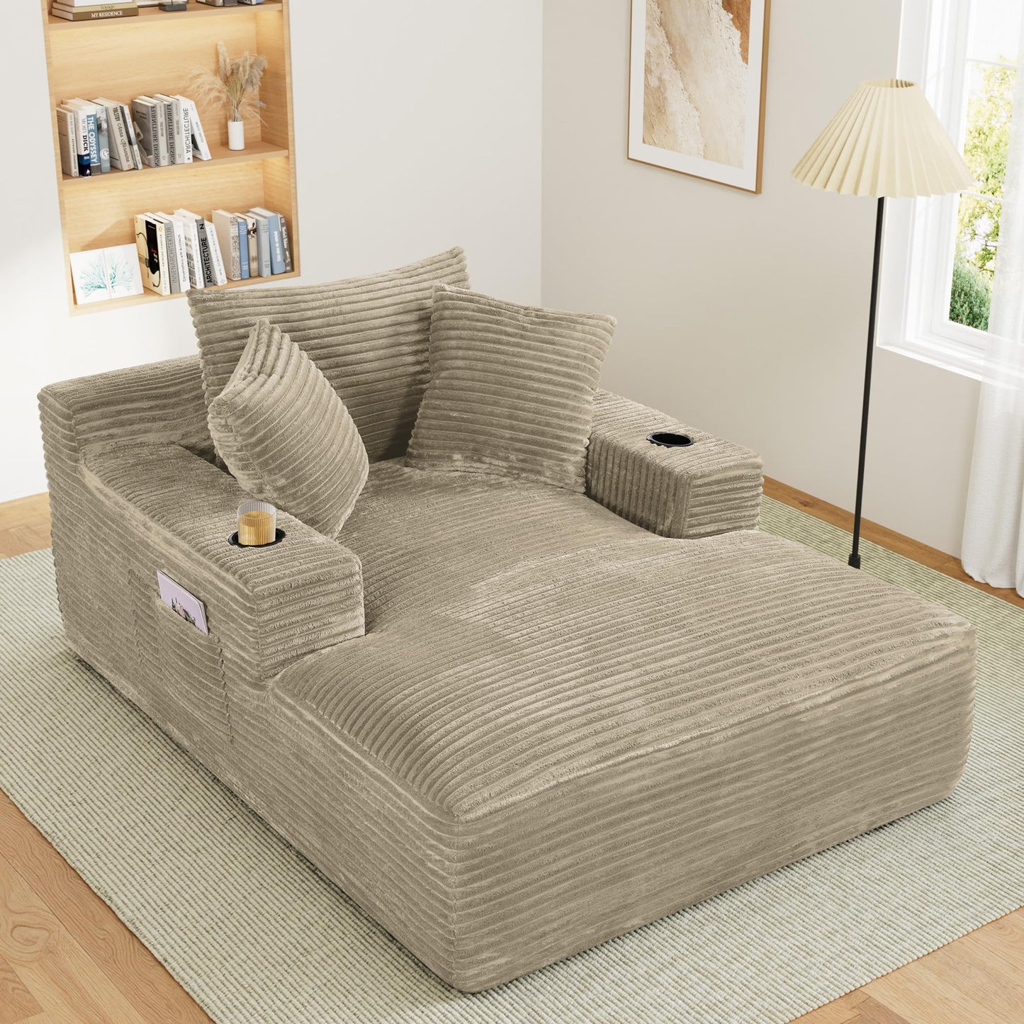 Oversized Chaise Lounge Chair Indoor with Cup Holders & Side Pocket, 50"W x 68"D Plush Corduroy 30D High Density Sponge Boneless Chair with Thickened Backrest Comfy Reading Chair - Light Camel