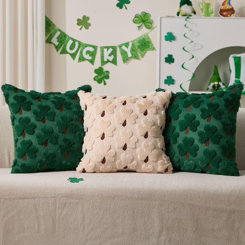 WKJZH St Patricks Day Pillow Covers 18x18 Inch Set of 2 Green Shamrock Brown Petioles Decorative Soft Plush Faux Wool Throw Pillows for Couch Sofa Bedroom Holiday Home Decor MRD03A45