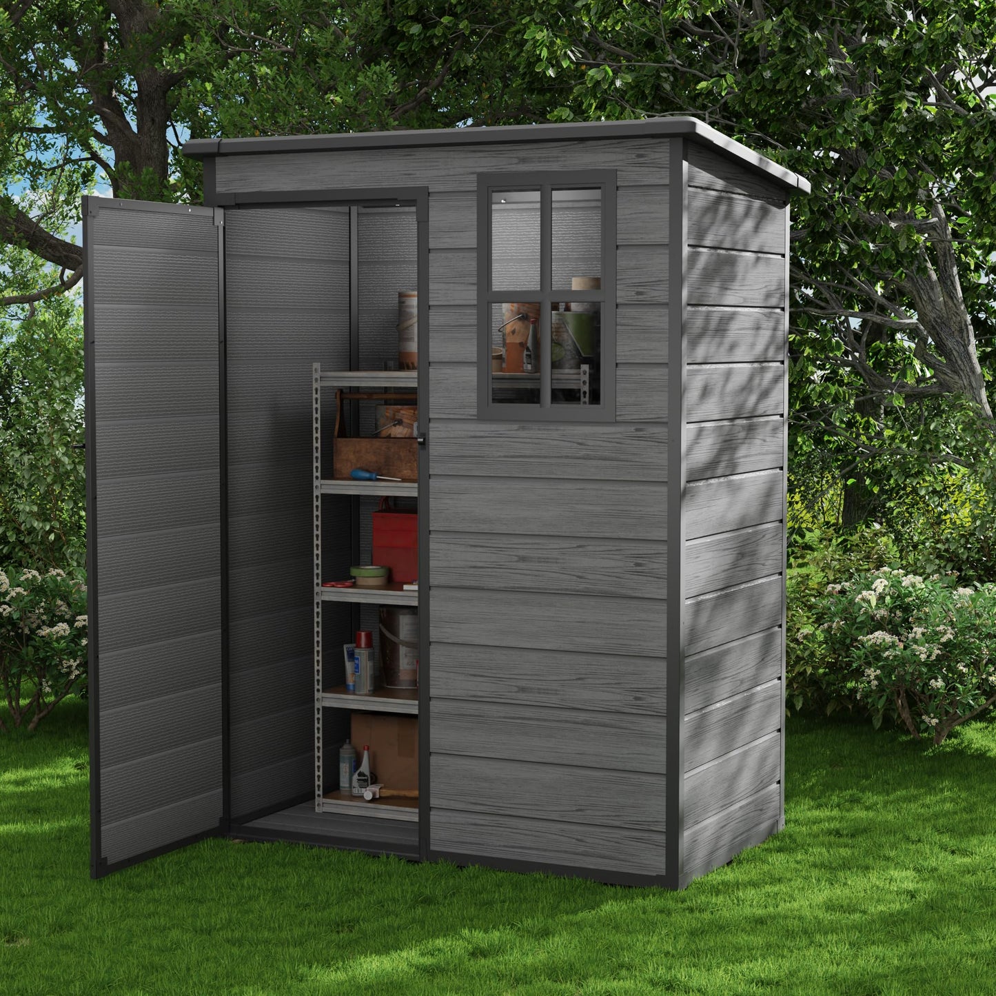 UDPATIO Outdoor Storage Shed 5x3 FT, Plastic Garden Shed for Bike, Garbage Can, Tool, Outside Resin Shed with Lockable Door for Backyard, Patio, Lawn, Dark Grey
