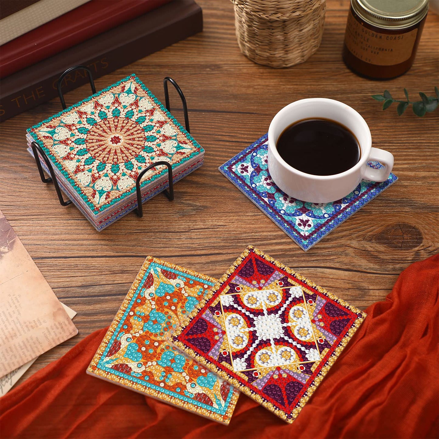 Purpeak 8 Pcs Diamond Coasters Diamond Painting Coasters DIY Mandala Kits with Holder Square Boho Paisley Art 5d Kits for Beginners Adults Craft