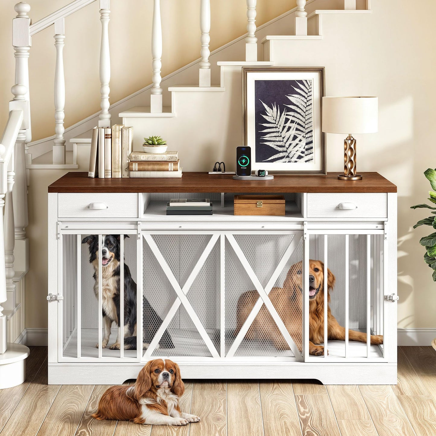 DWVO 63 Inch Double Dog Crate Furniture for 2 Dogs, Heavy Duty Wooden Dog Crate TV Stand with Charging Station, Dog Kennel Indoor Furniture Double Sliding Barn Door Design Ideal for 2 Dogs, White