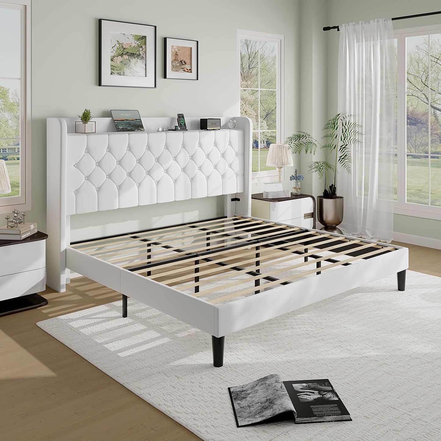 SHA CERLIN King Size Platform Bed Frame with Charging Station, Velvet Wingback Headboard with Storage Shelf, Wooden Slats Support, Ample Under-Bed Space, No Box Spring Needed, Easy Assembly, White