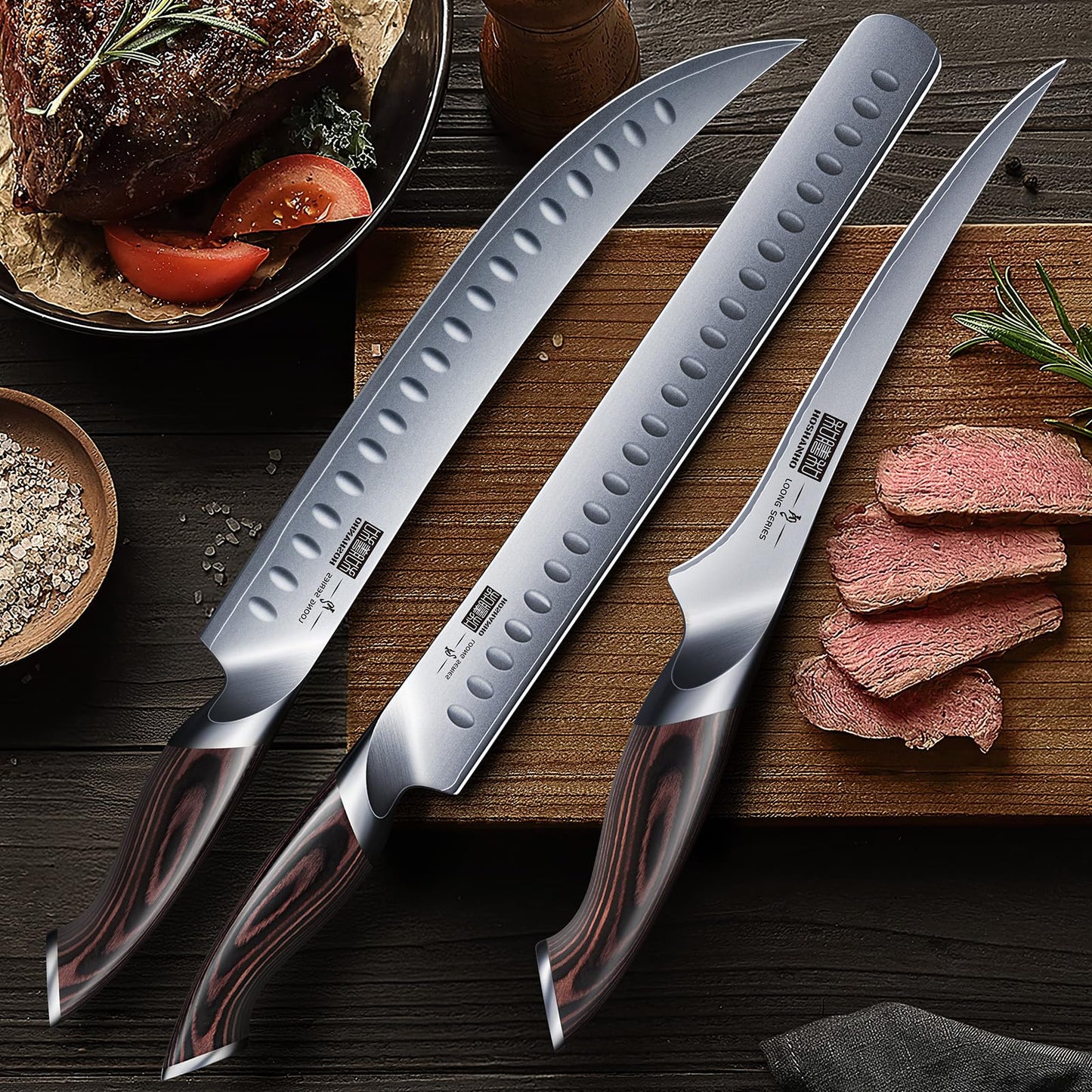 HOSHANHO Carving Knife Set 3PCS, Japanese High Carbon Steel Brisket Slicing Knife Sets with Ergonomic Pakkawood Handle, Butcher Knife Breaking Knife Boning Knife for Meat Cutting