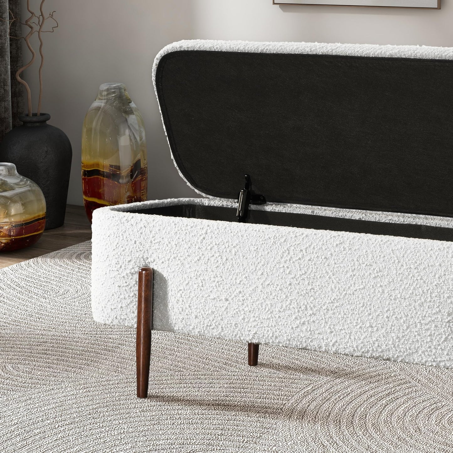 GDFStudio Sarna 48" Mid-Century Modern Storage Ottoman Bench, Lift-Top Curve Rectangle Ottoman Pouf with Solid Wood Legs, Boucle Upholstered Large Footrest, Coffee Table Ottoman for Living Room, Ivory