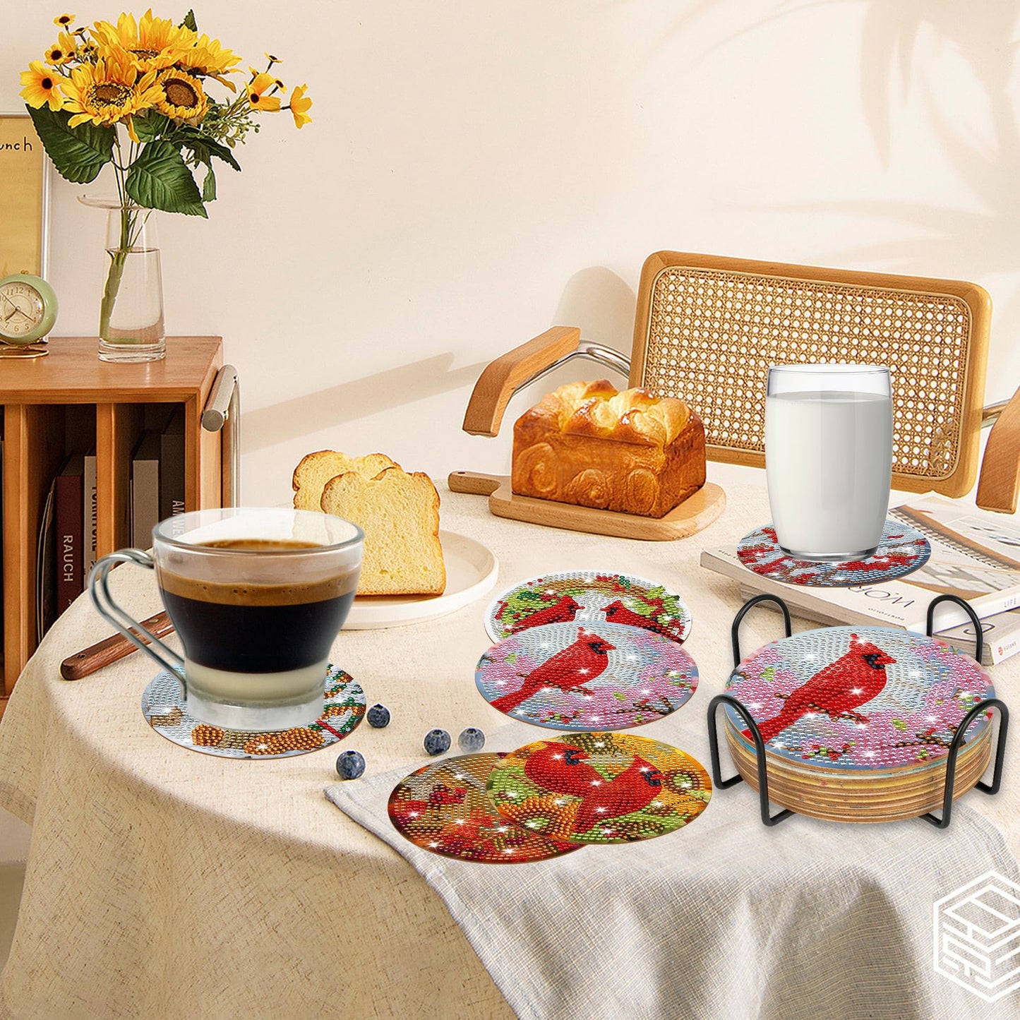 Cardinal Diamond Art Coasters Kit, 8 Pcs Red Bird Diamond Painting Coaster with Holder and Cork Pads, Non-Slip DIY Coasters Art for Adults Beginners DIY Craft Home Decor, Christmas Birthday Gifts