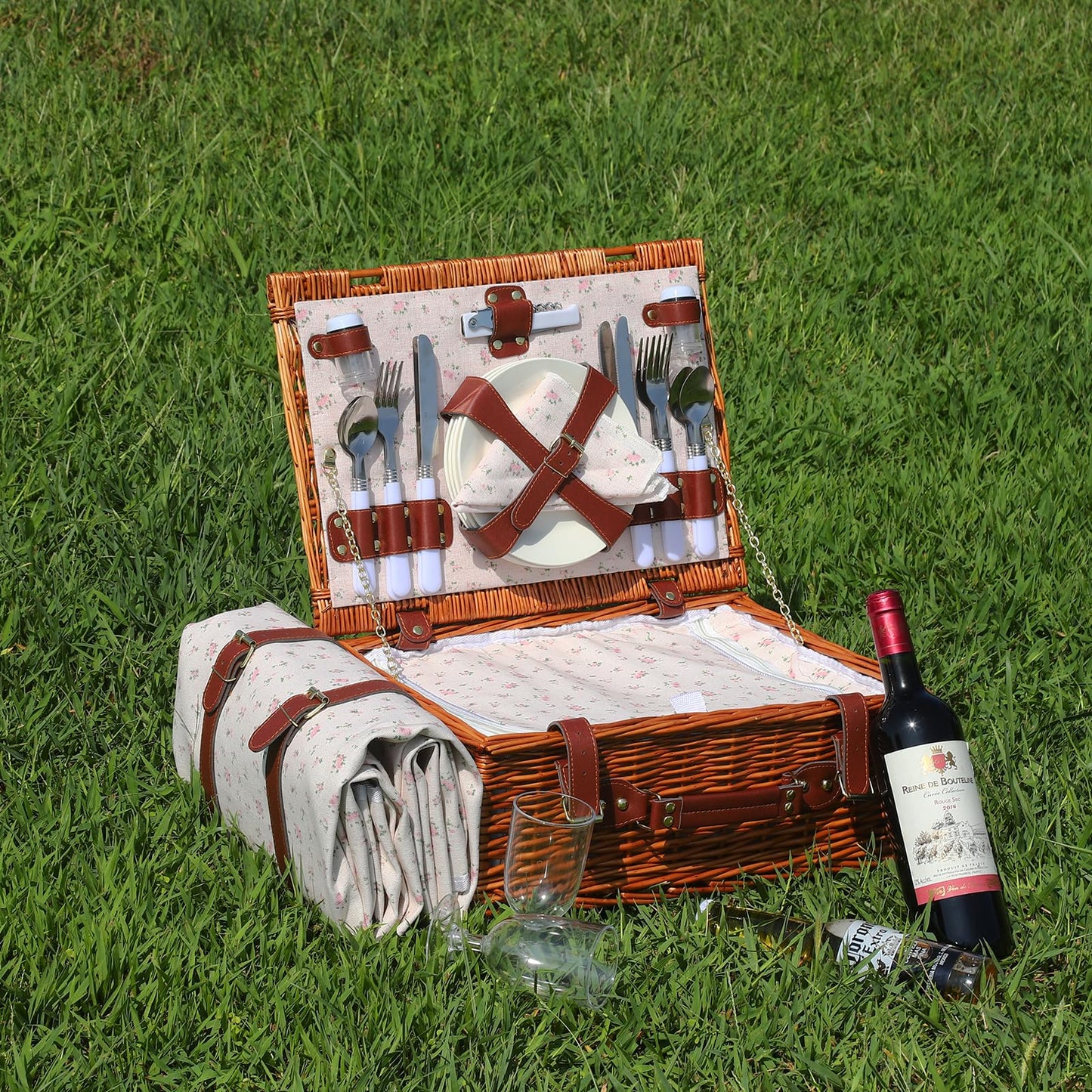 Picnic Baskets Wicker Willow Picnic Set for 4 Persons with Insulated Cooler Bag and White Floral Waterproof Picnic Blanket Gift for Christmas Thanksgiving Wedding Birthday Camp Outdoor Beach Travel